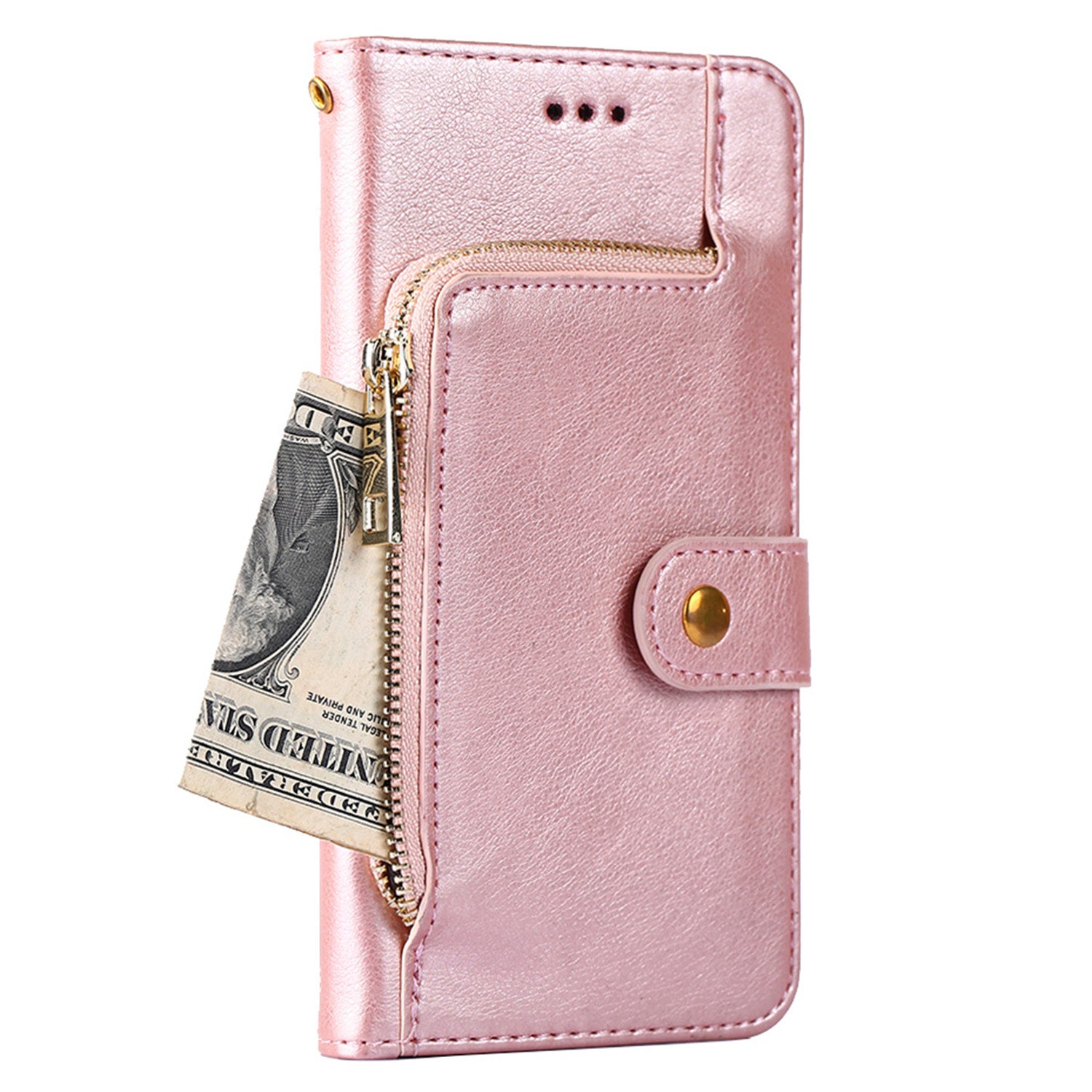 Wallet Leather Phone Case for iPhone 15 Plus , Stand Zipper Pocket Cell Phone Cover with Strap - Rose Gold