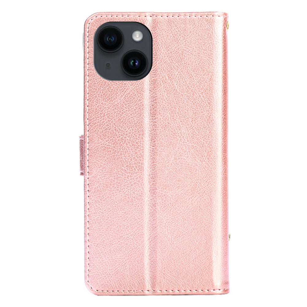 Wallet Leather Phone Case for iPhone 15 Plus , Stand Zipper Pocket Cell Phone Cover with Strap - Rose Gold