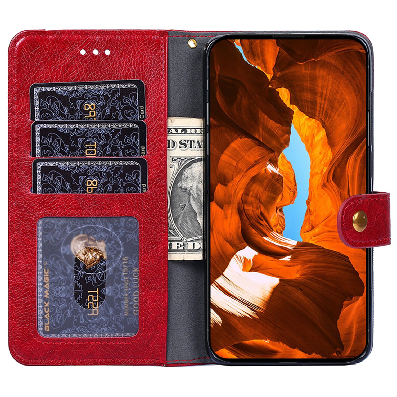 Wallet Leather Phone Case for iPhone 15 Plus , Stand Zipper Pocket Cell Phone Cover with Strap - Red