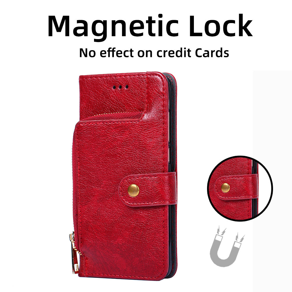 Wallet Leather Phone Case for iPhone 15 Plus , Stand Zipper Pocket Cell Phone Cover with Strap - Red