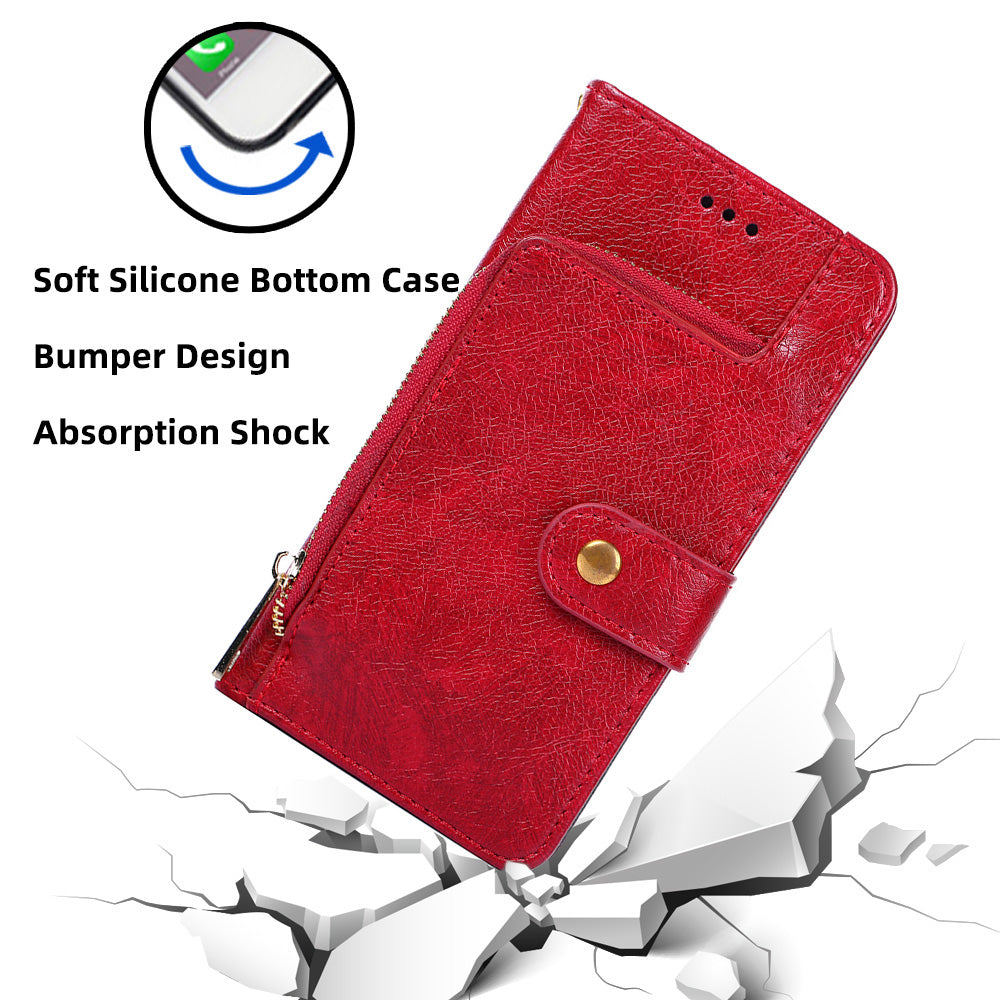 Wallet Leather Phone Case for iPhone 15 Plus , Stand Zipper Pocket Cell Phone Cover with Strap - Red