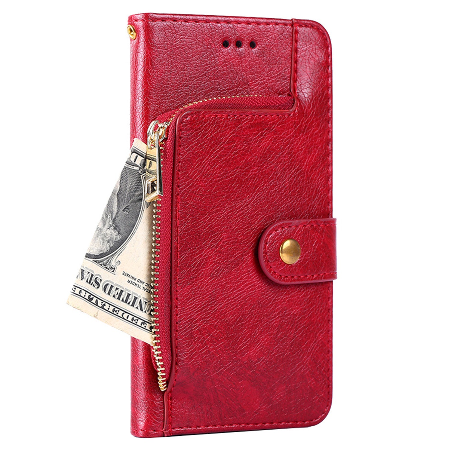 Wallet Leather Phone Case for iPhone 15 Plus , Stand Zipper Pocket Cell Phone Cover with Strap - Red