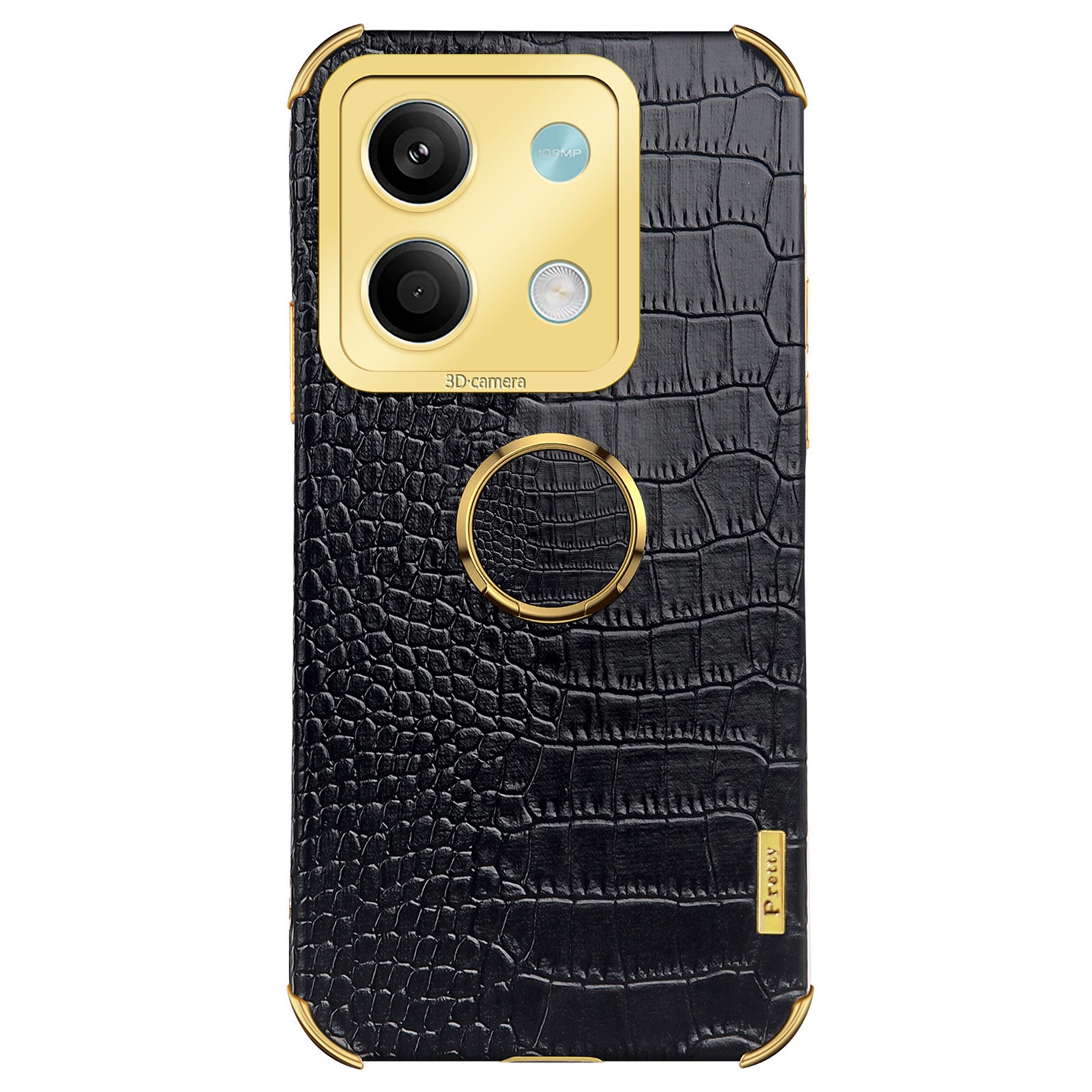 For Xiaomi Redmi Note 13 5G Case Crocodile Texture Leather+TPU Phone Shell Protector with Ring Kickstand - Black