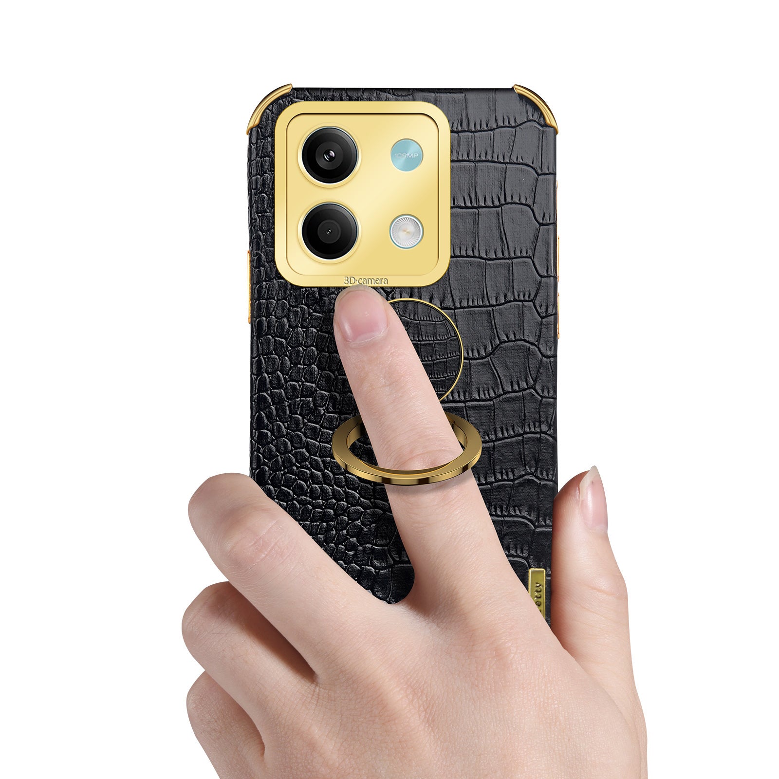 For Xiaomi Redmi Note 13 5G Case Crocodile Texture Leather+TPU Phone Shell Protector with Ring Kickstand - Black