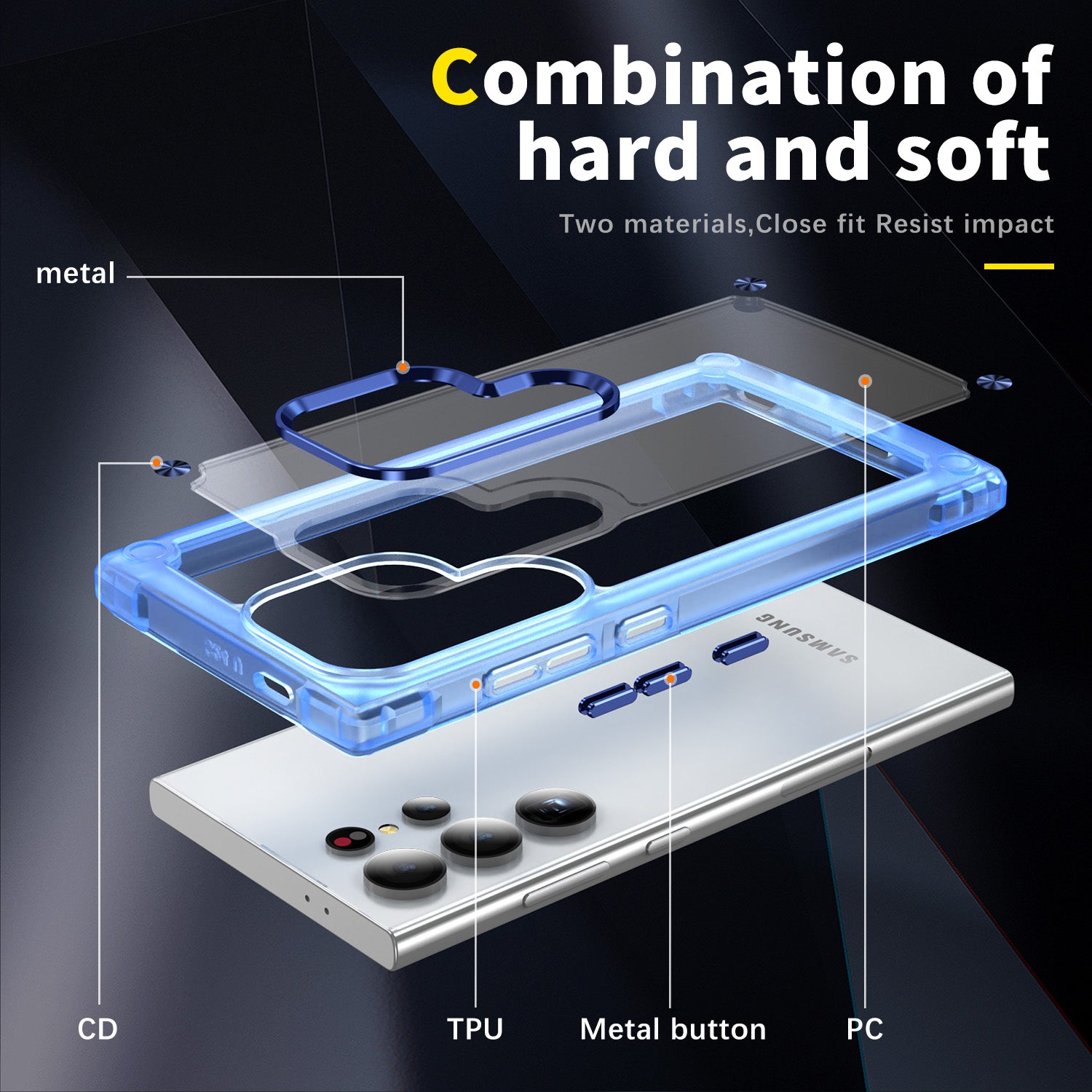 For Samsung Galaxy S24 Ultra Case PC+TPU Skin-touch Clear Phone Cover - Transparent+Blue