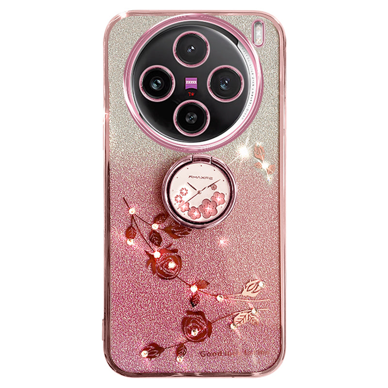 KADEM For vivo X100 Pro 5G Ring Kickstand TPU Phone Case  Glitter Powder Cell Phone Cover - Rose Gold