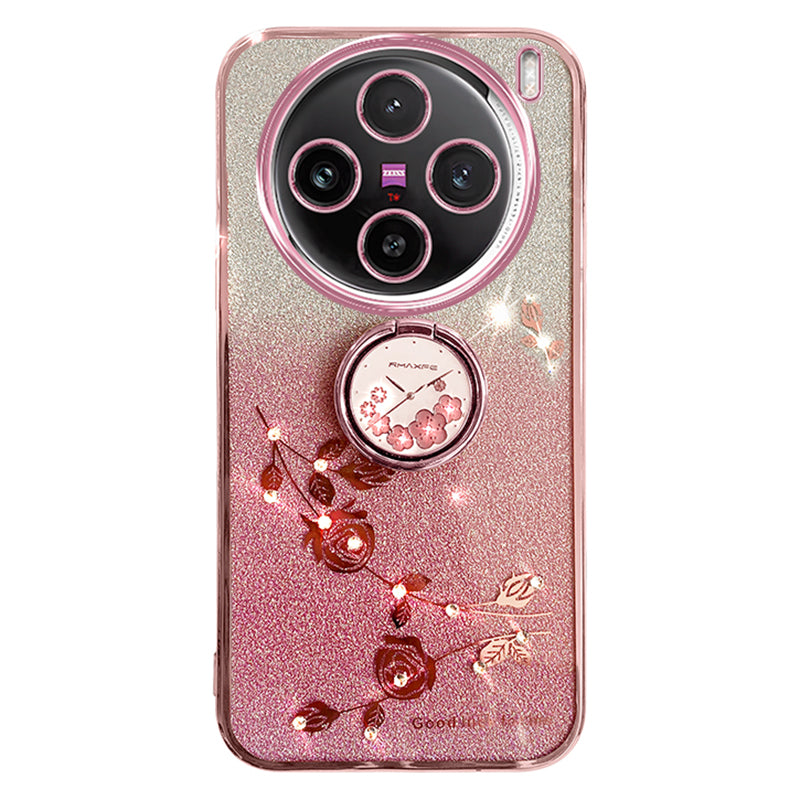 KADEM For vivo X100 5G Phone Case Ring Kickstand Glitter Powder TPU Phone Cover - Rose Gold