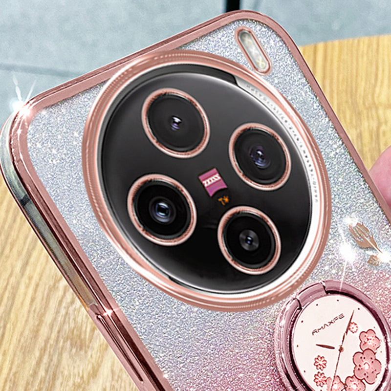 KADEM For vivo X100 5G Phone Case Ring Kickstand Glitter Powder TPU Phone Cover - Rose Gold
