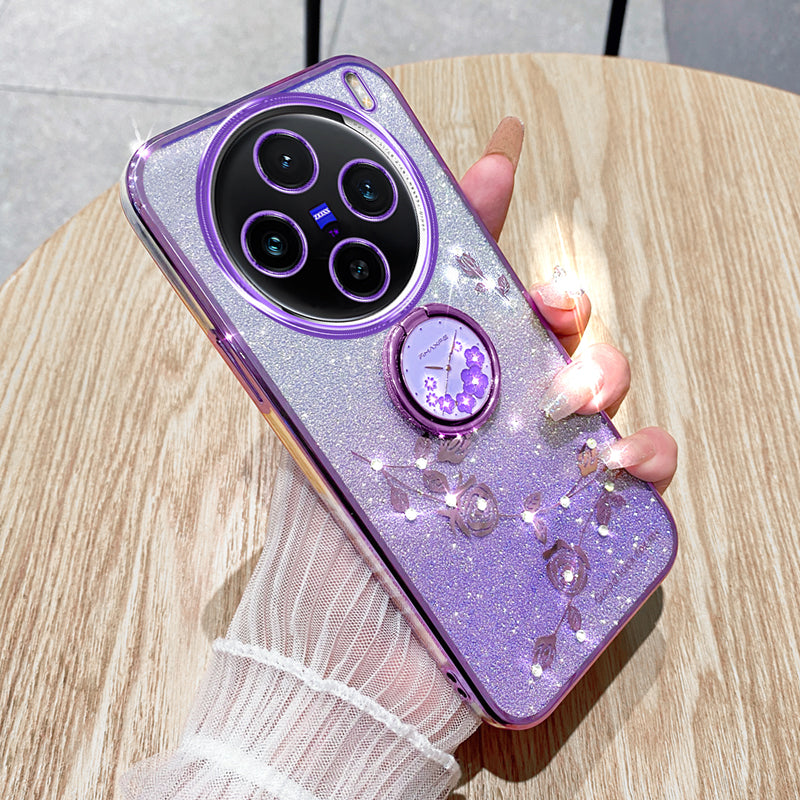 KADEM For vivo X100 5G Phone Case Ring Kickstand Glitter Powder TPU Phone Cover - Purple