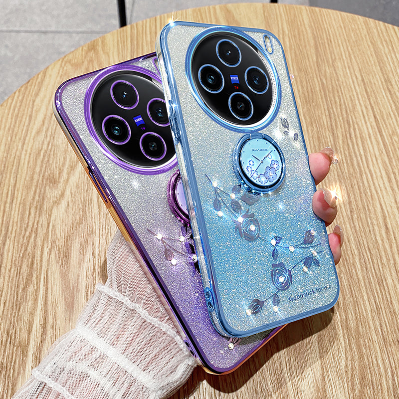 KADEM For vivo X100 5G Phone Case Ring Kickstand Glitter Powder TPU Phone Cover - Blue