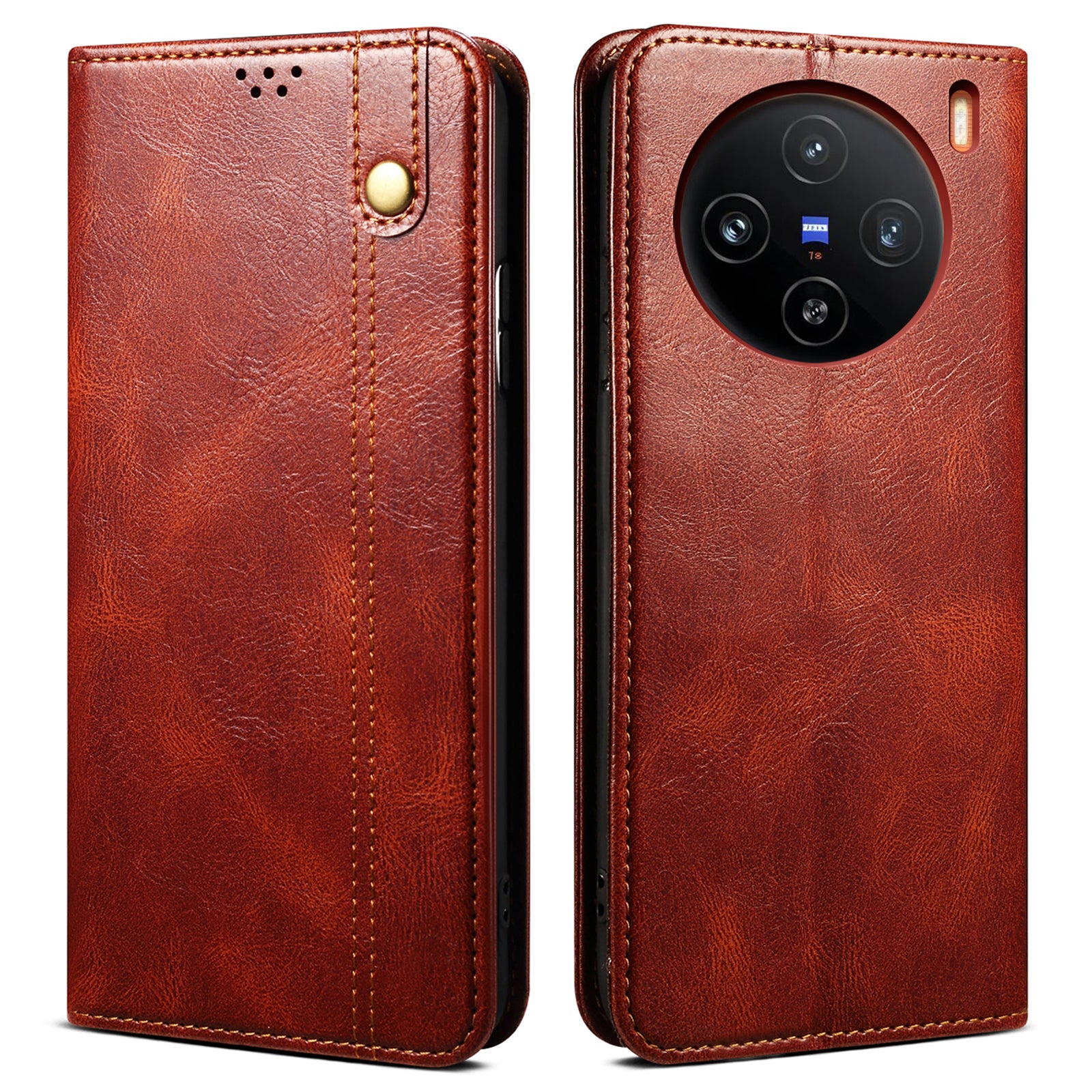 For vivo X100 5G Cell Phone Case Stand Wallet Crazy Horse Texture Waxy Leather Cover - Brown
