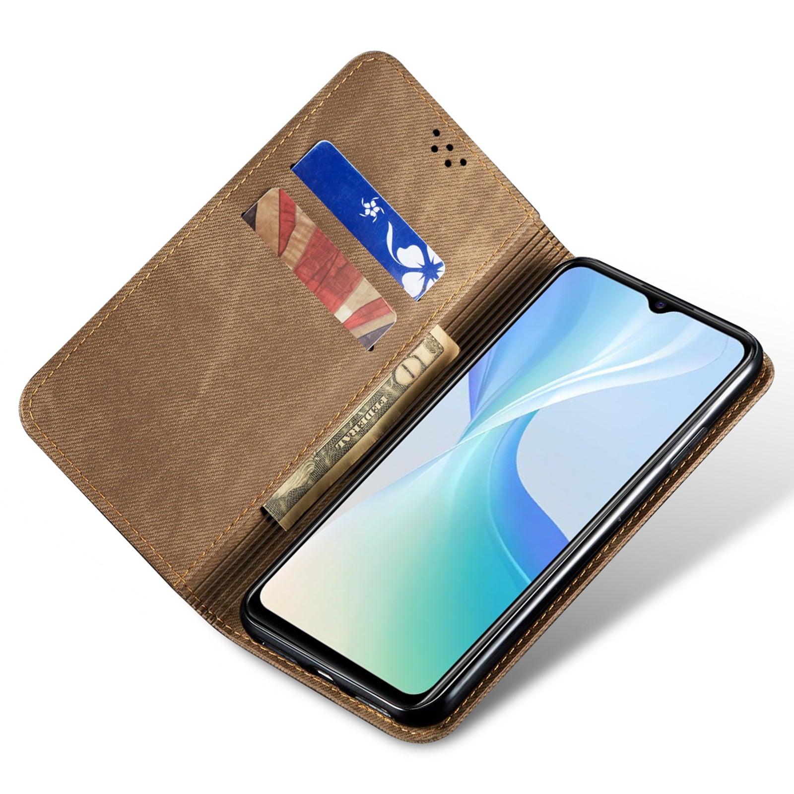 For vivo X100 5G Cell Phone Case Jeans Cloth Texture Wallet Stand Leather Cover - Khaki