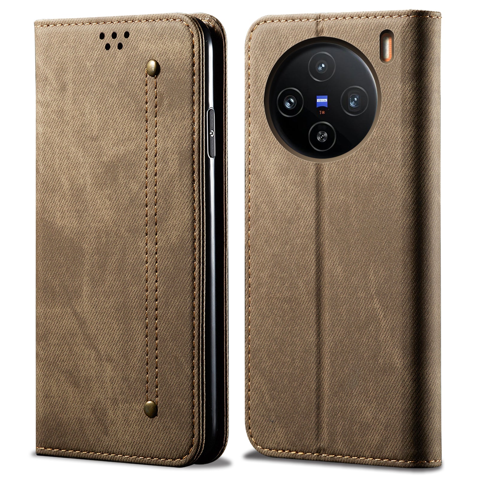 For vivo X100 Pro 5G Cell Phone Case Jeans Cloth Texture Wallet Anti-fall Leather Cover - Khaki