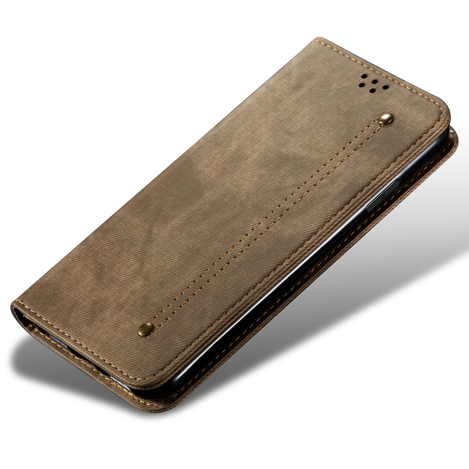 For vivo X100 Pro 5G Cell Phone Case Jeans Cloth Texture Wallet Anti-fall Leather Cover - Khaki