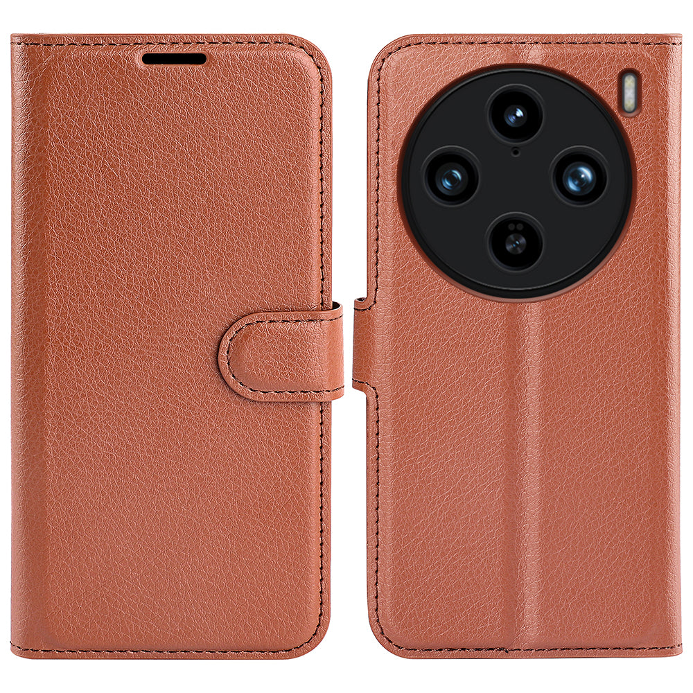 For vivo X100 Pro 5G Cell Phone Case Litchi Texture Leather Wallet Anti-shock Cover - Brown