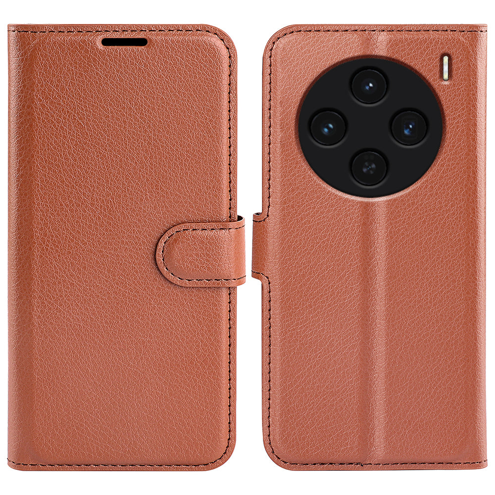 For vivo X100 5G Cell Phone Case Litchi Texture Shockproof Leather Stand Cover - Brown