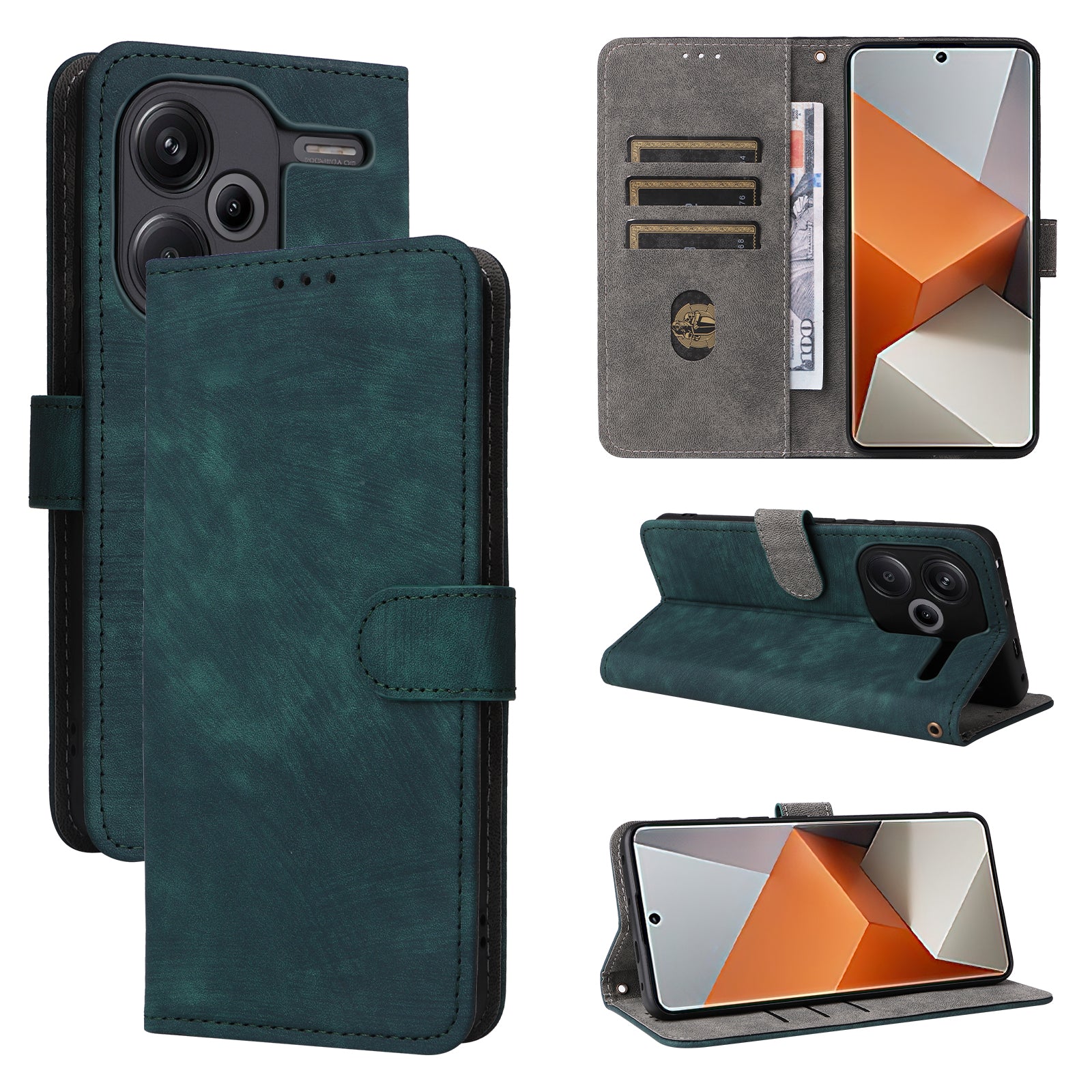 For Xiaomi Redmi Note 13 Pro+ 5G Wallet Phone Case RFID Blocking PU Leather Flip Phone Cover with Strap - Green