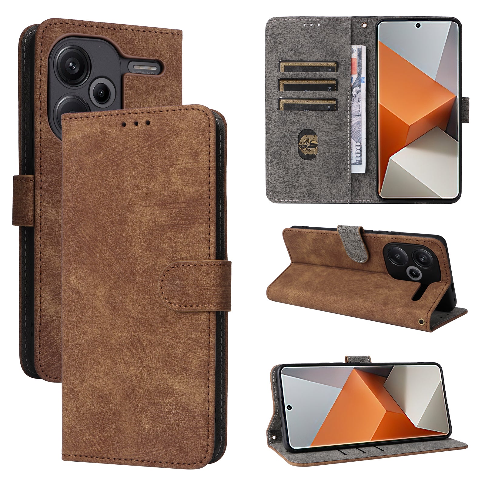 For Xiaomi Redmi Note 13 Pro+ 5G Wallet Phone Case RFID Blocking PU Leather Flip Phone Cover with Strap - Brown