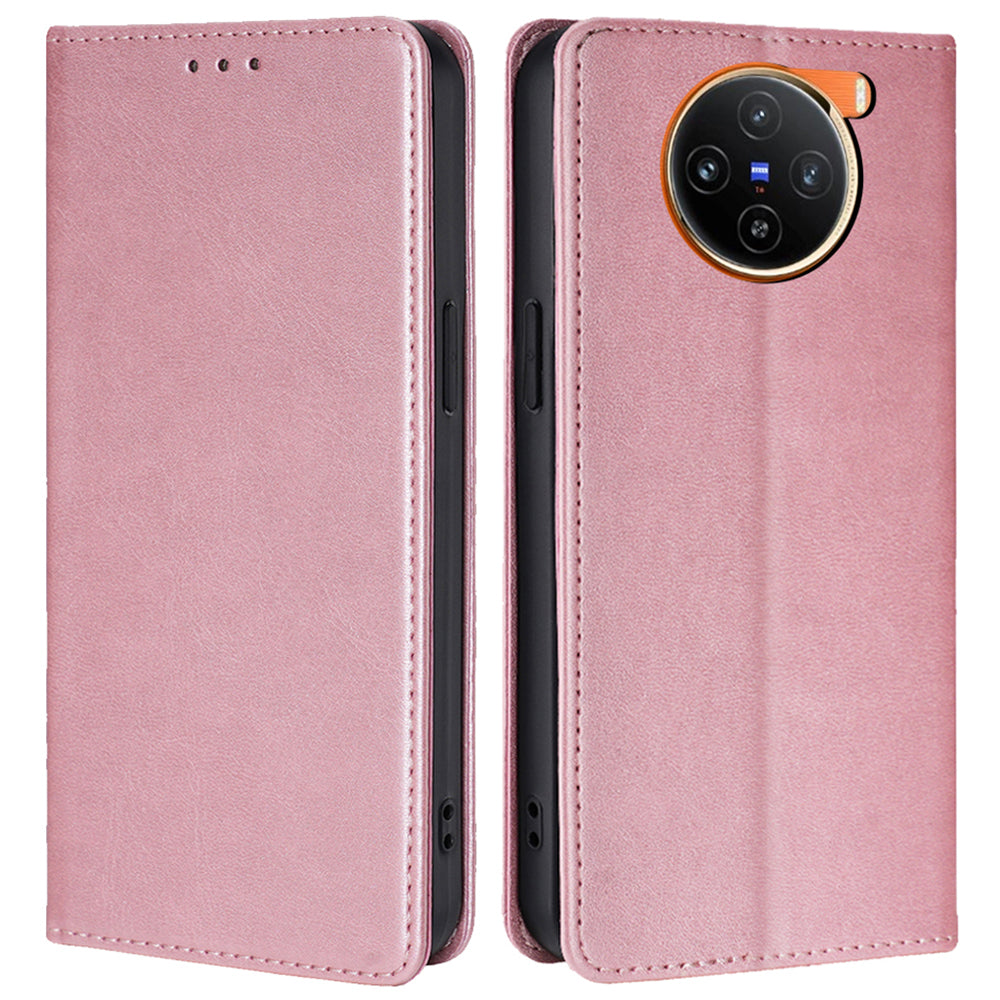 For vivo X100 5G Magnetic Phone Case Anti-drop PU Leather+TPU Calf Texture Stand Cover - Rose Gold