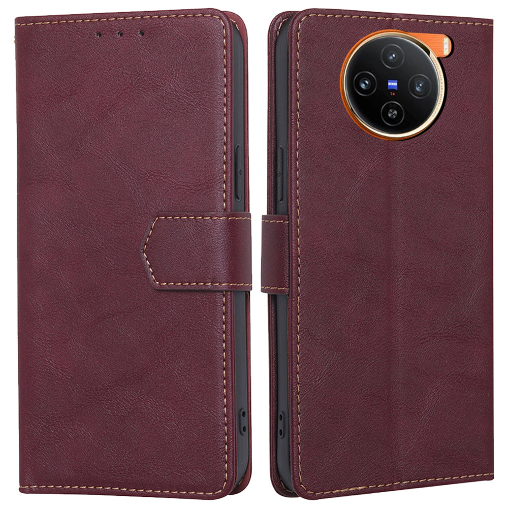 For vivo X100 5G Phone Case Stand Folio Cover with RFID Blocking 3 Card Slot - Wine Red