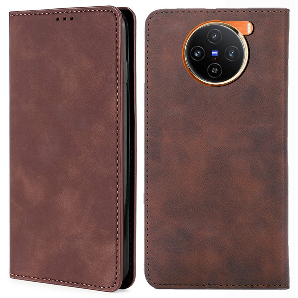 For vivo X100 5G Case with 2 Card Holder Slot Leather Magnetic Closure Cover - Dark Brown