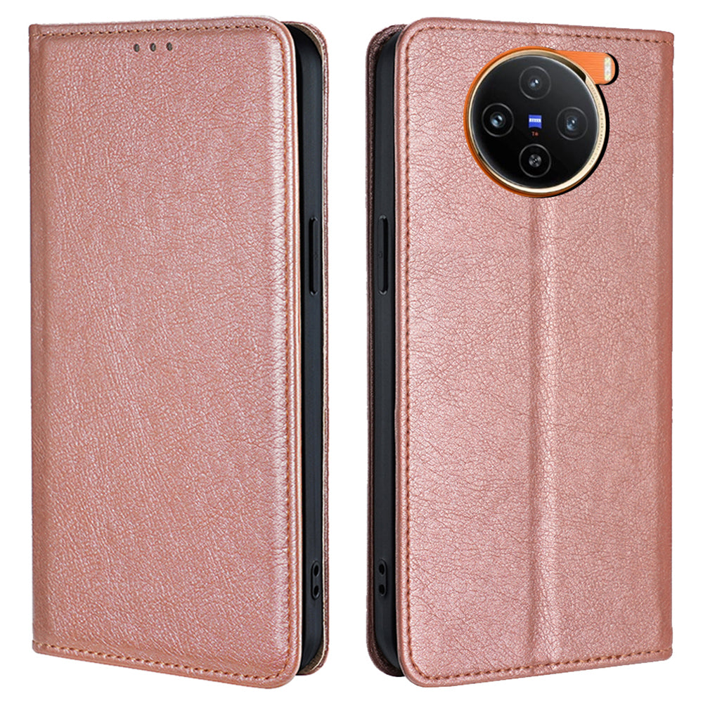 For vivo X100 5G Leather Flip Magnetic Case Solid Color Shockproof TPU Protective Phone Cover - Rose Gold