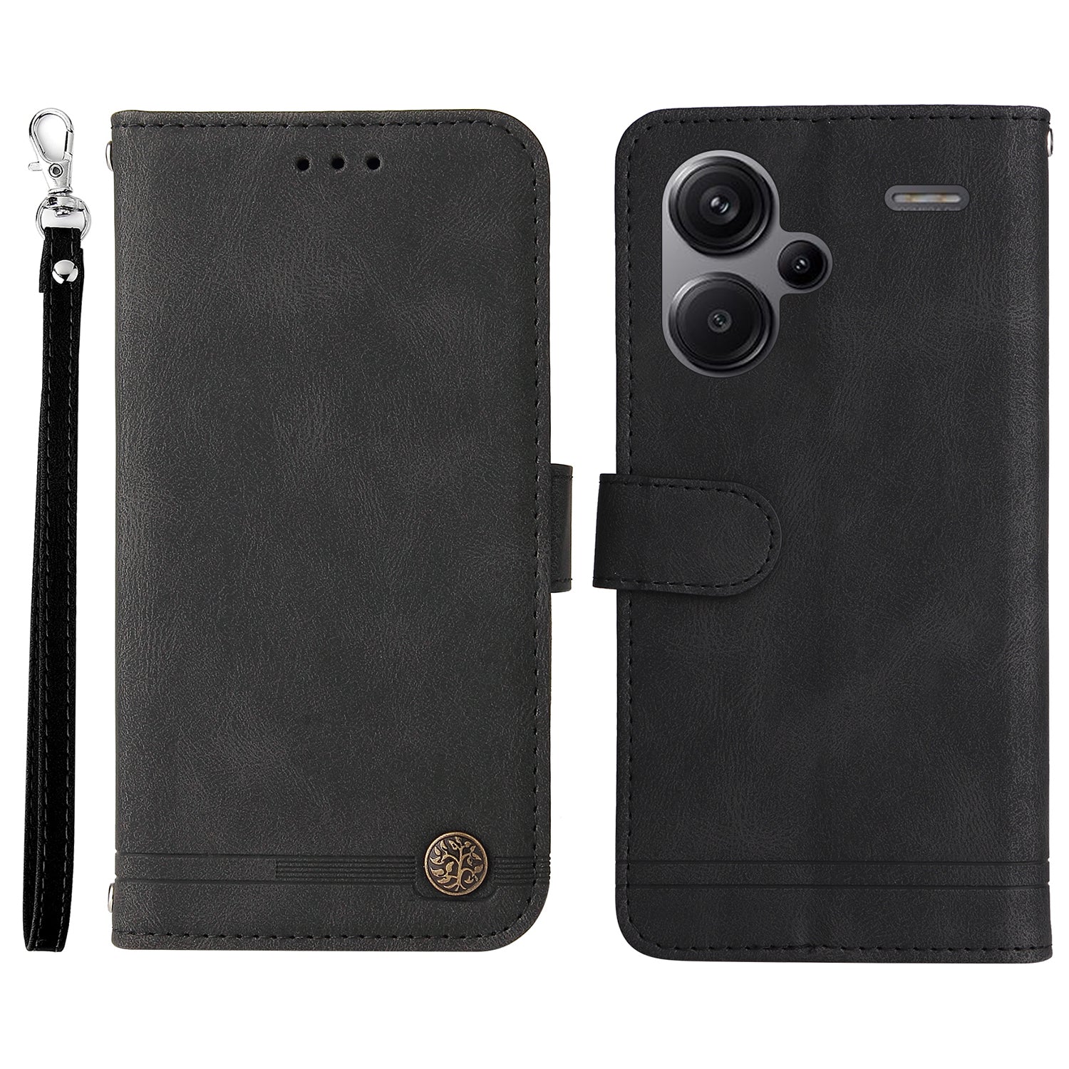 For Xiaomi Redmi Note 13 Pro+ 5G Wallet Case Skin-touch Leather Phone Cover with Strap - Black