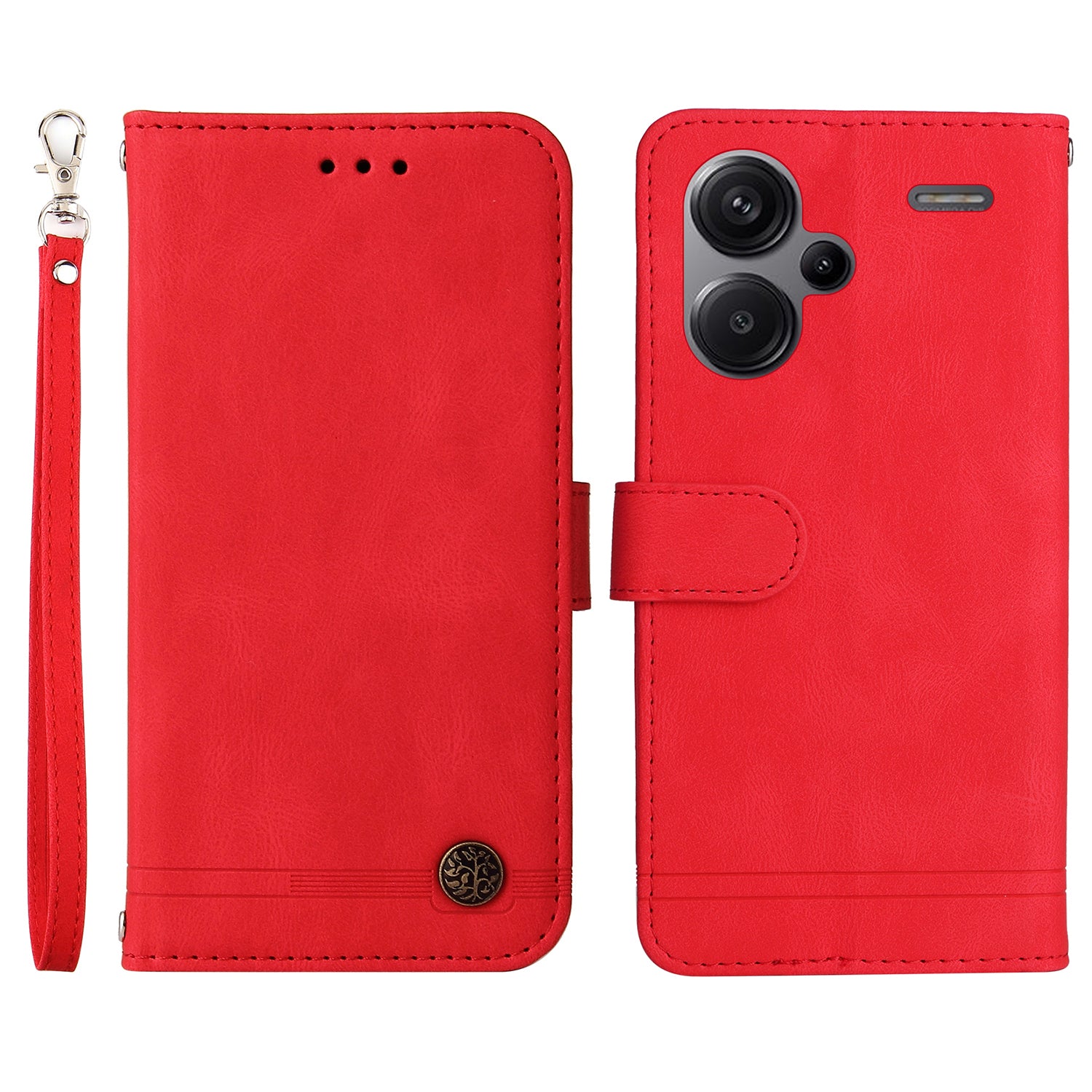 For Xiaomi Redmi Note 13 Pro+ 5G Wallet Case Skin-touch Leather Phone Cover with Strap - Red