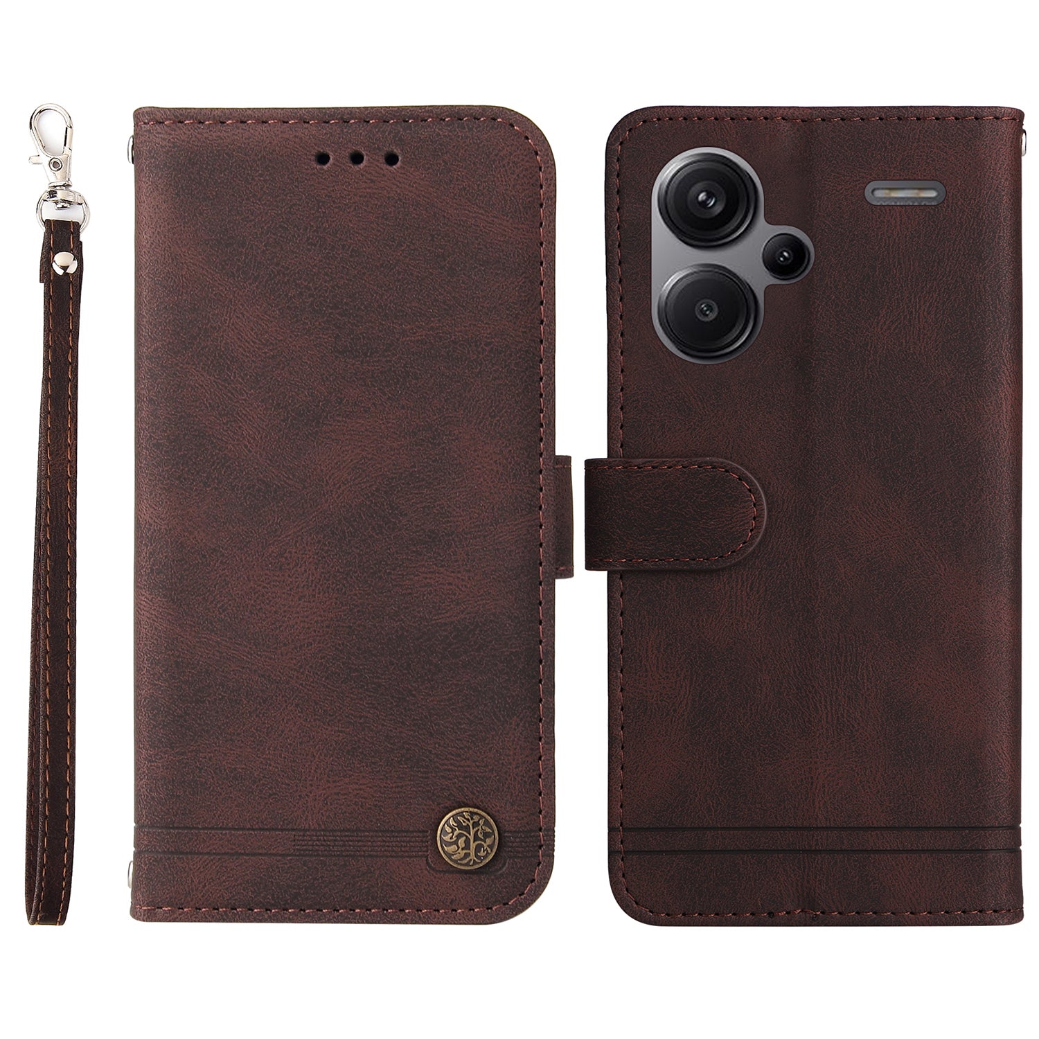 For Xiaomi Redmi Note 13 Pro+ 5G Wallet Case Skin-touch Leather Phone Cover with Strap - Brown