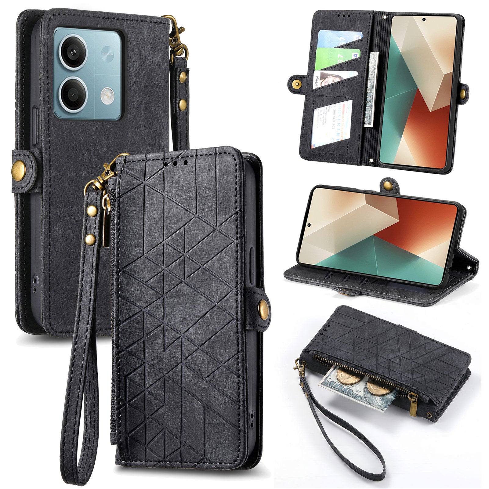 Wallet Case for Xiaomi Redmi Note 13 5G PU Leather Zipper Pocket Phone Cover Geometry Pattern - Black