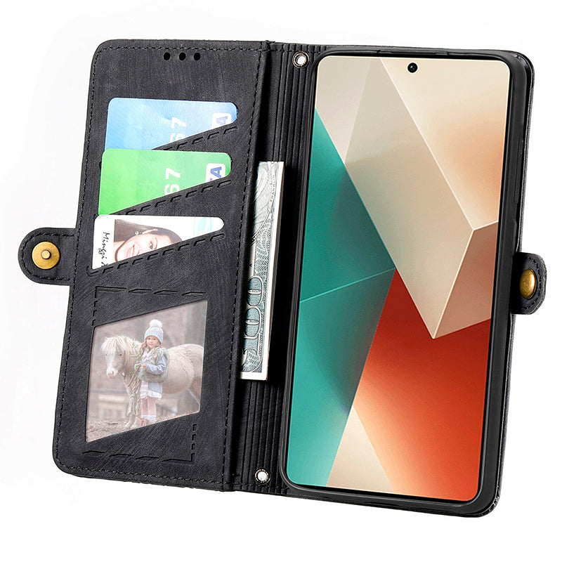 Wallet Case for Xiaomi Redmi Note 13 5G PU Leather Zipper Pocket Phone Cover Geometry Pattern - Black