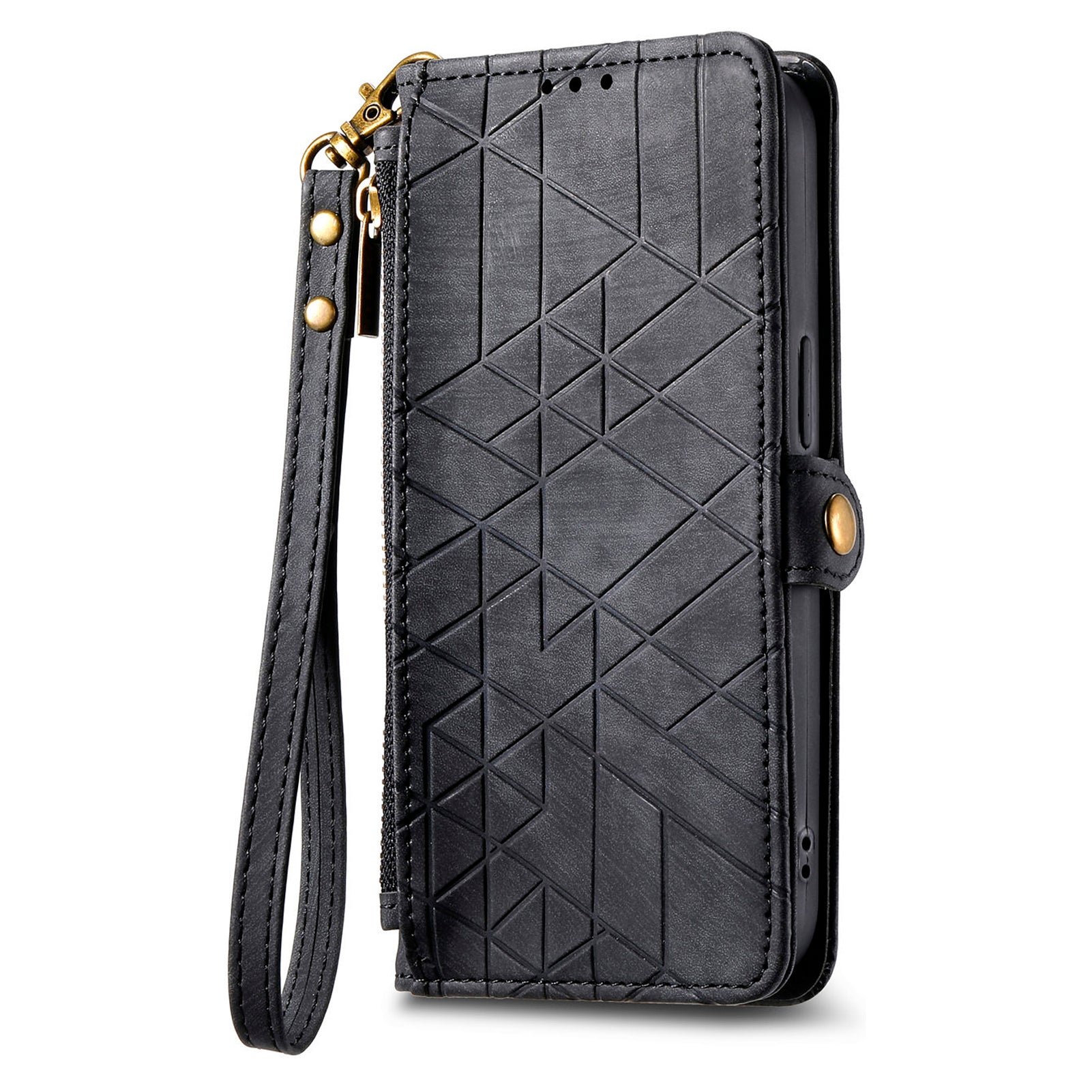 Wallet Case for Xiaomi Redmi Note 13 5G PU Leather Zipper Pocket Phone Cover Geometry Pattern - Black