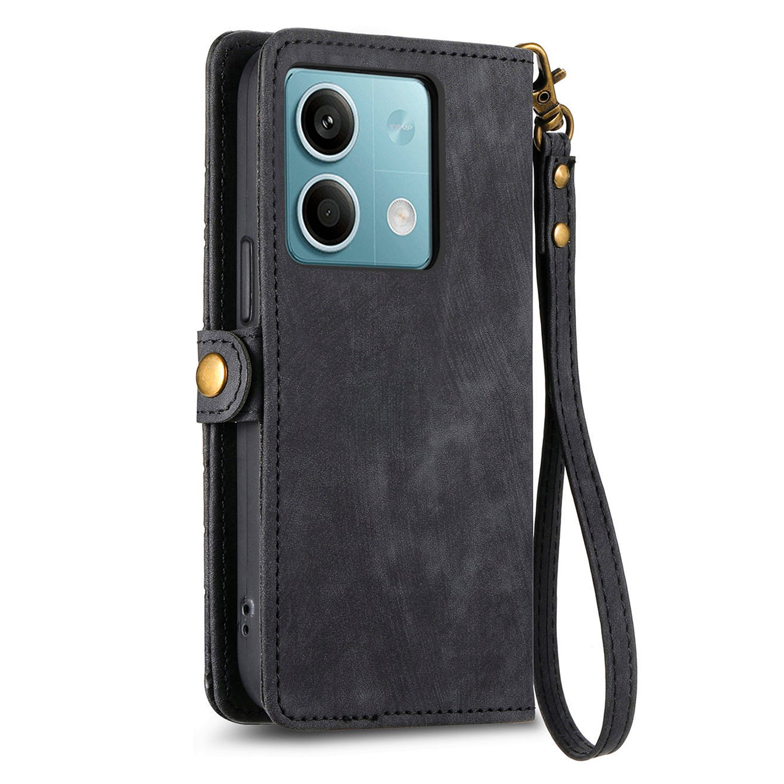 Wallet Case for Xiaomi Redmi Note 13 5G PU Leather Zipper Pocket Phone Cover Geometry Pattern - Black