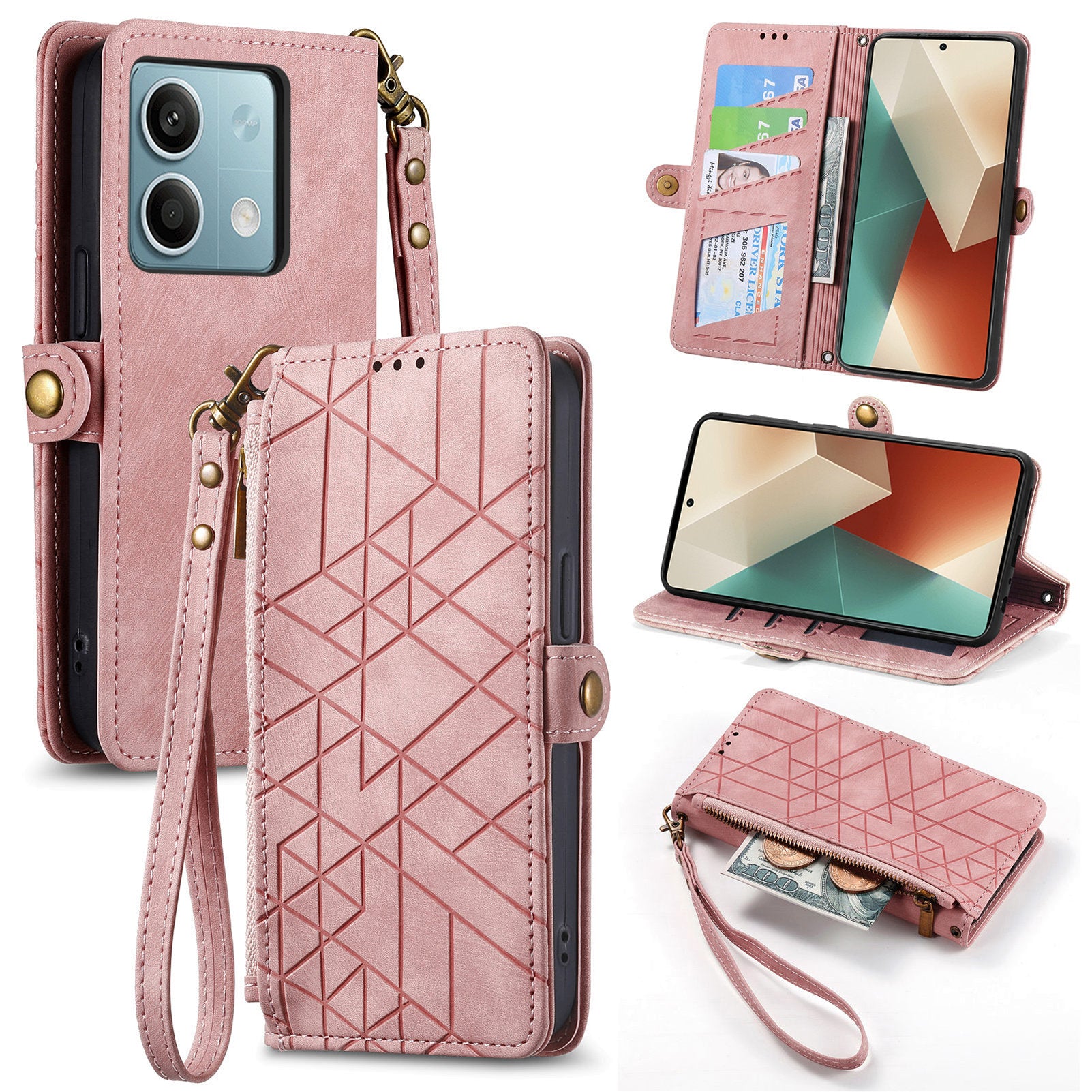 Wallet Case for Xiaomi Redmi Note 13 5G PU Leather Zipper Pocket Phone Cover Geometry Pattern - Pink