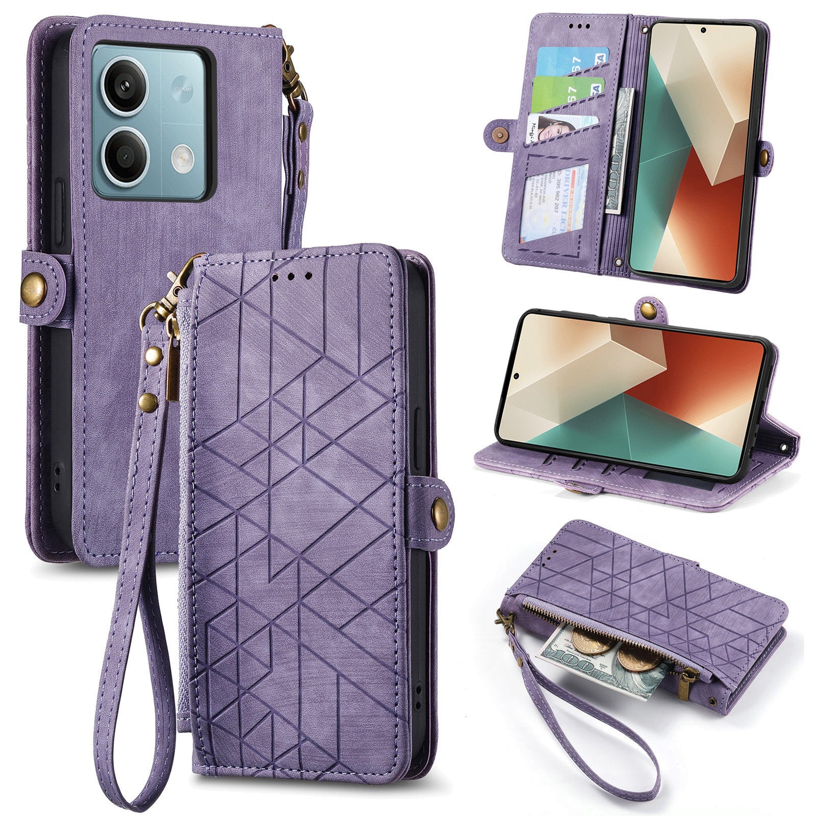 Wallet Case for Xiaomi Redmi Note 13 5G PU Leather Zipper Pocket Phone Cover Geometry Pattern - Purple