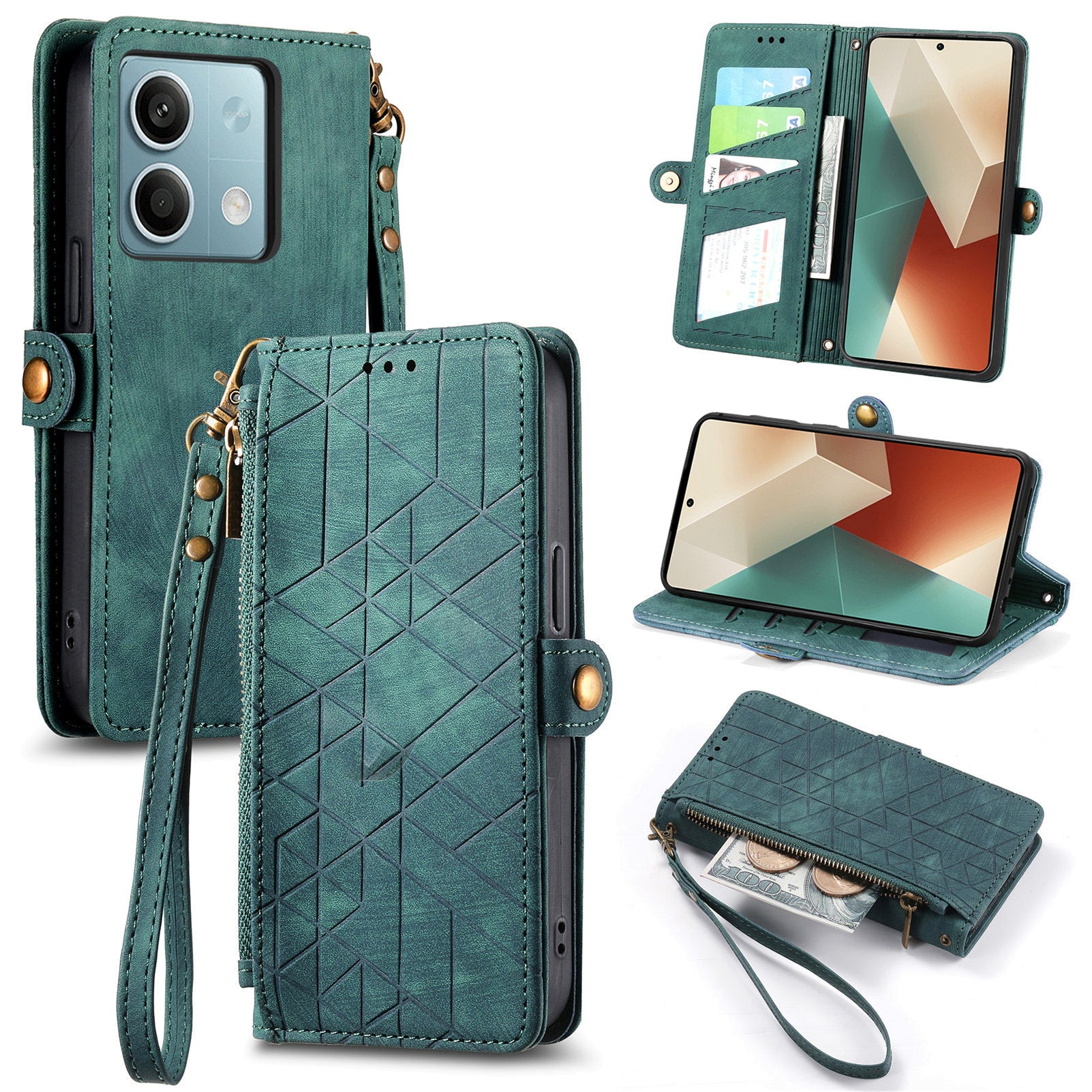 Wallet Case for Xiaomi Redmi Note 13 5G PU Leather Zipper Pocket Phone Cover Geometry Pattern - Green