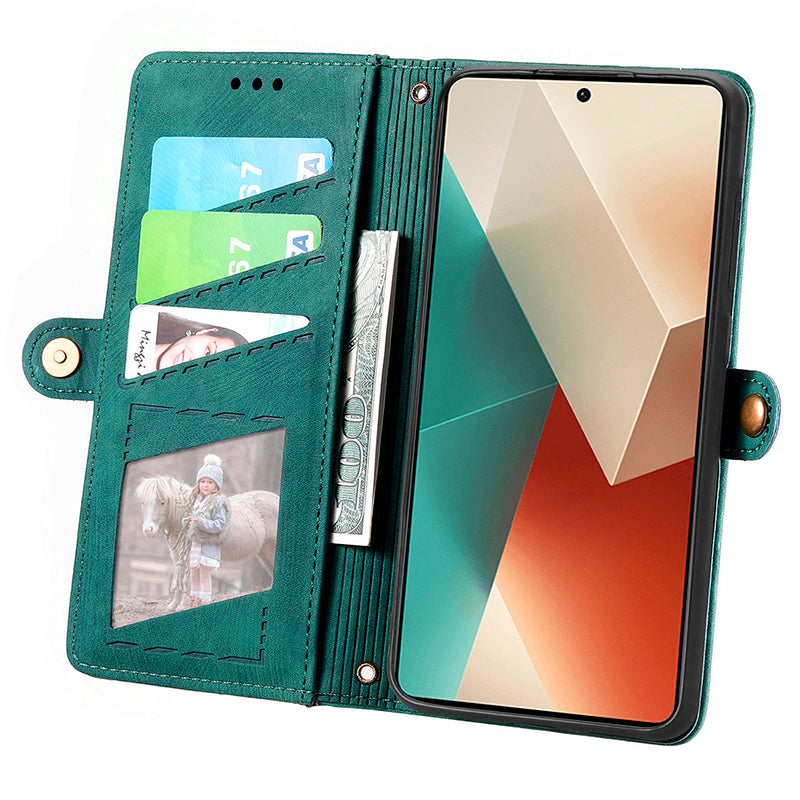 Wallet Case for Xiaomi Redmi Note 13 5G PU Leather Zipper Pocket Phone Cover Geometry Pattern - Green