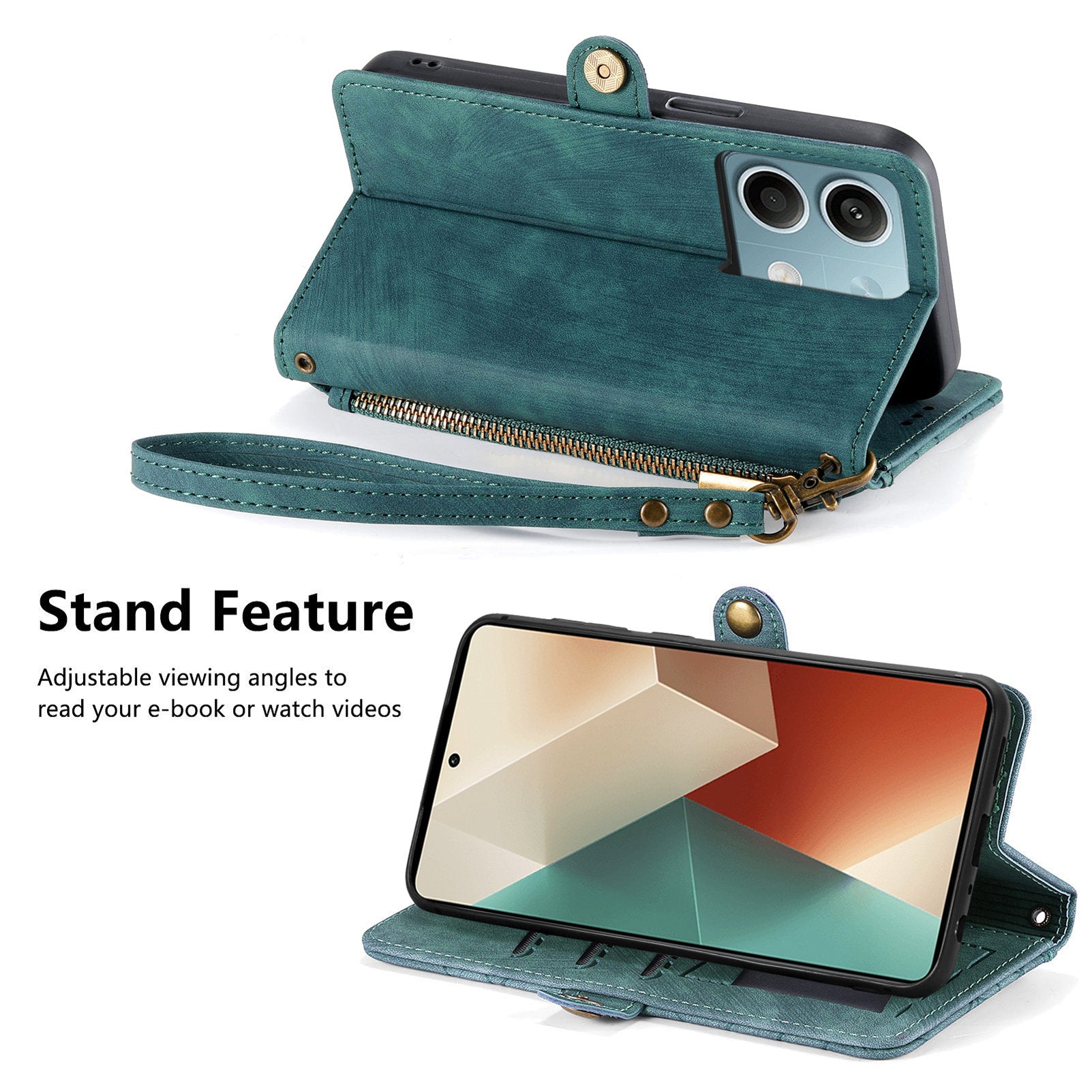 Wallet Case for Xiaomi Redmi Note 13 5G PU Leather Zipper Pocket Phone Cover Geometry Pattern - Green