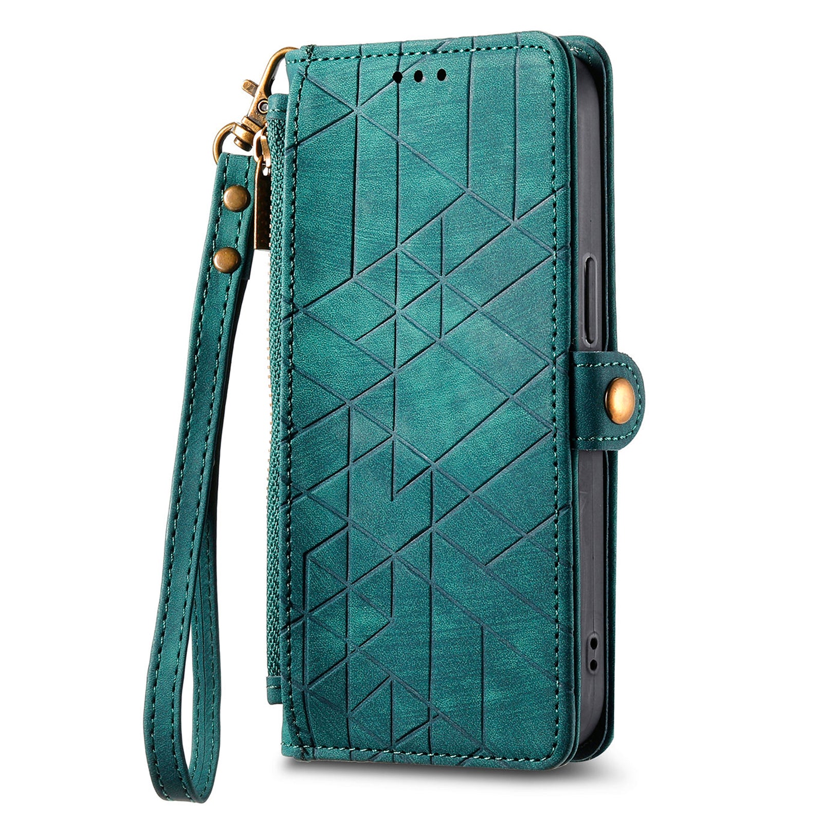 Wallet Case for Xiaomi Redmi Note 13 5G PU Leather Zipper Pocket Phone Cover Geometry Pattern - Green