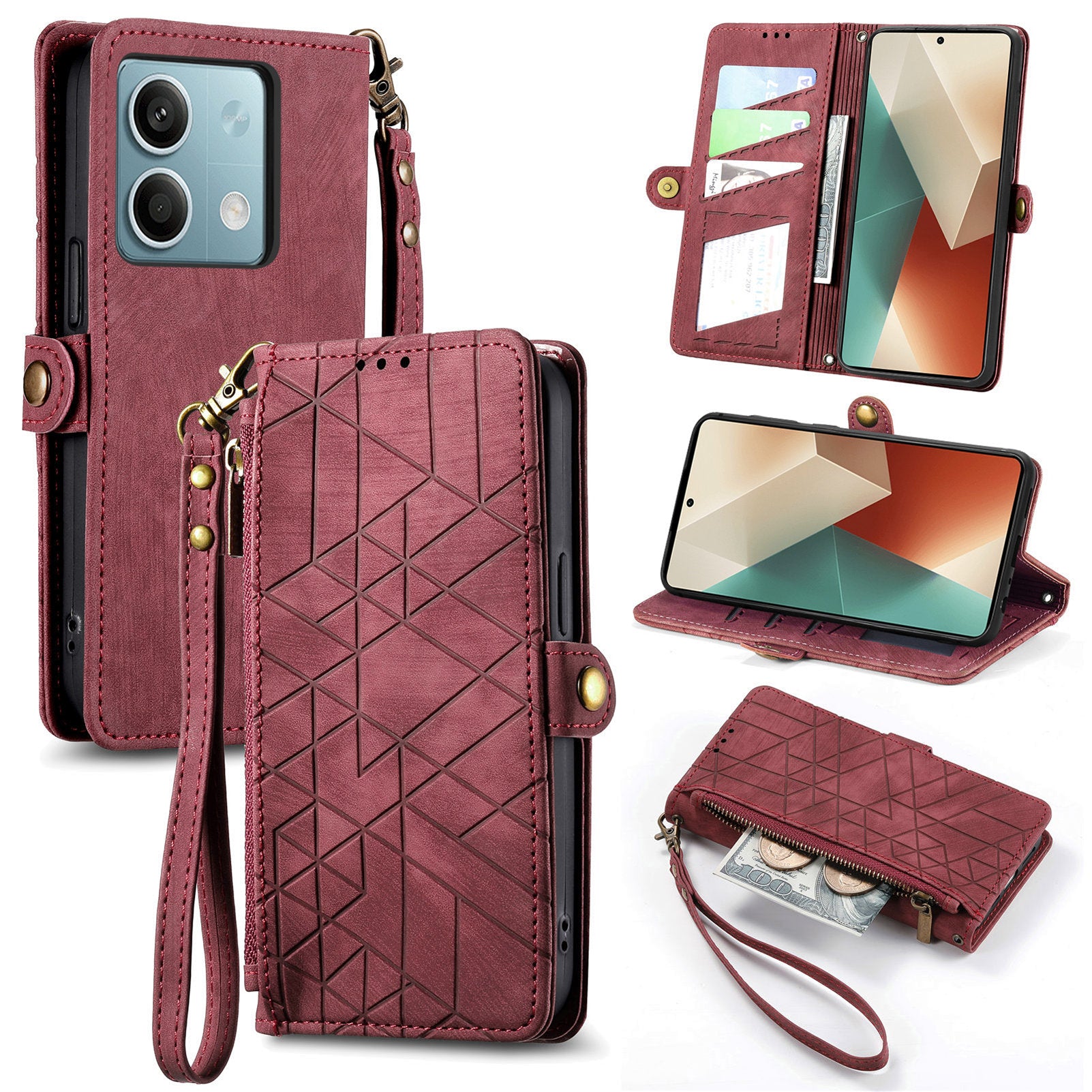 Wallet Case for Xiaomi Redmi Note 13 5G PU Leather Zipper Pocket Phone Cover Geometry Pattern - Red