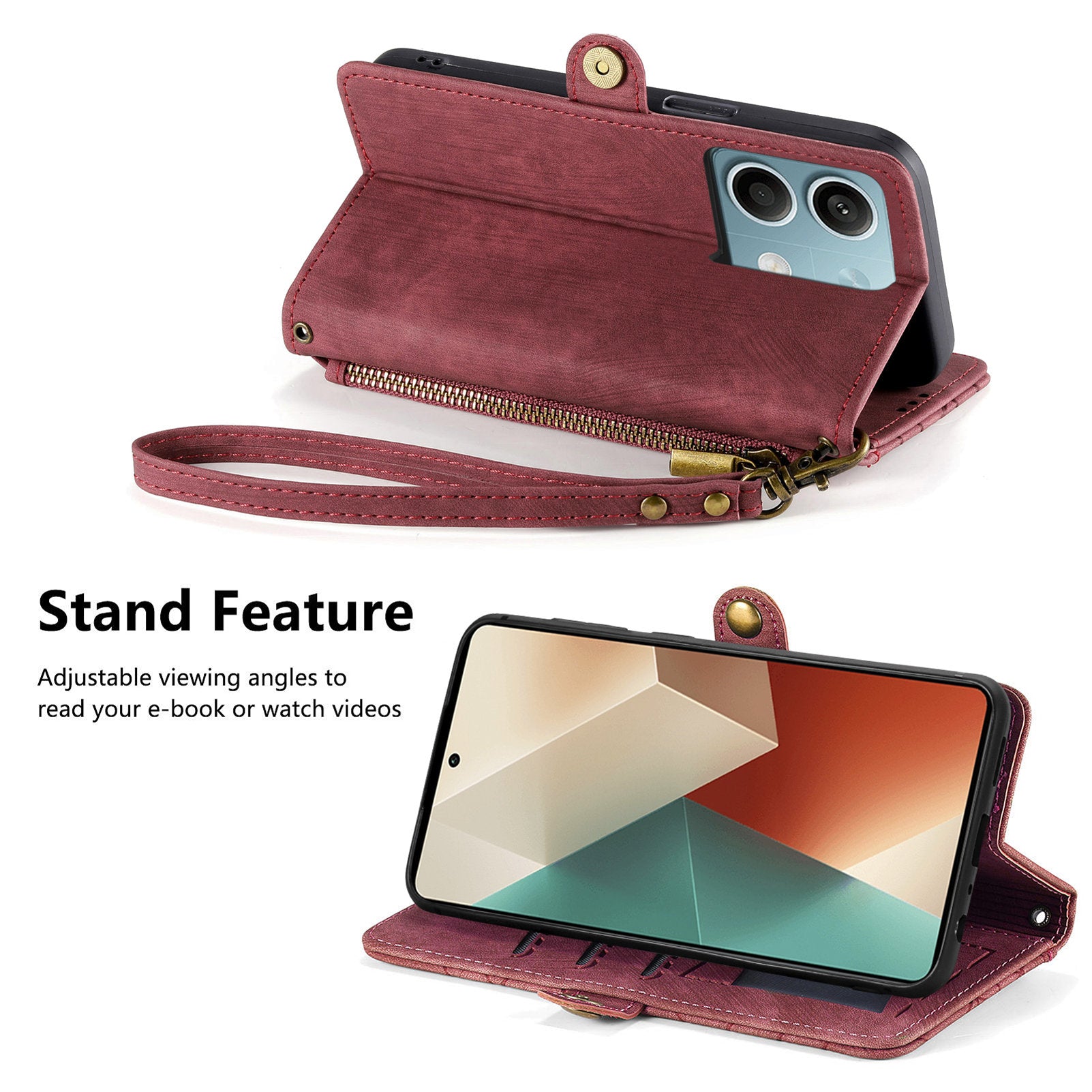 Wallet Case for Xiaomi Redmi Note 13 5G PU Leather Zipper Pocket Phone Cover Geometry Pattern - Red