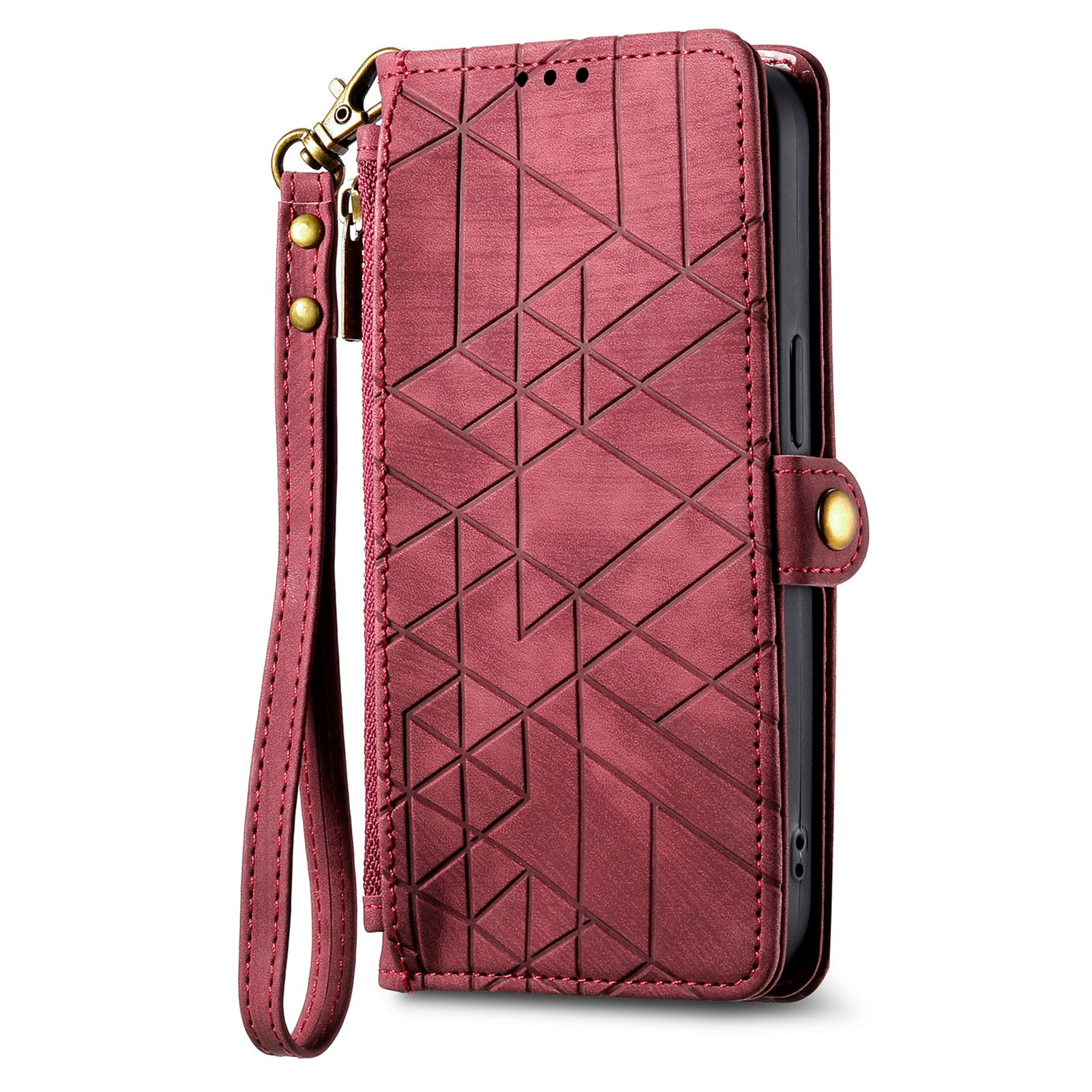 Wallet Case for Xiaomi Redmi Note 13 5G PU Leather Zipper Pocket Phone Cover Geometry Pattern - Red