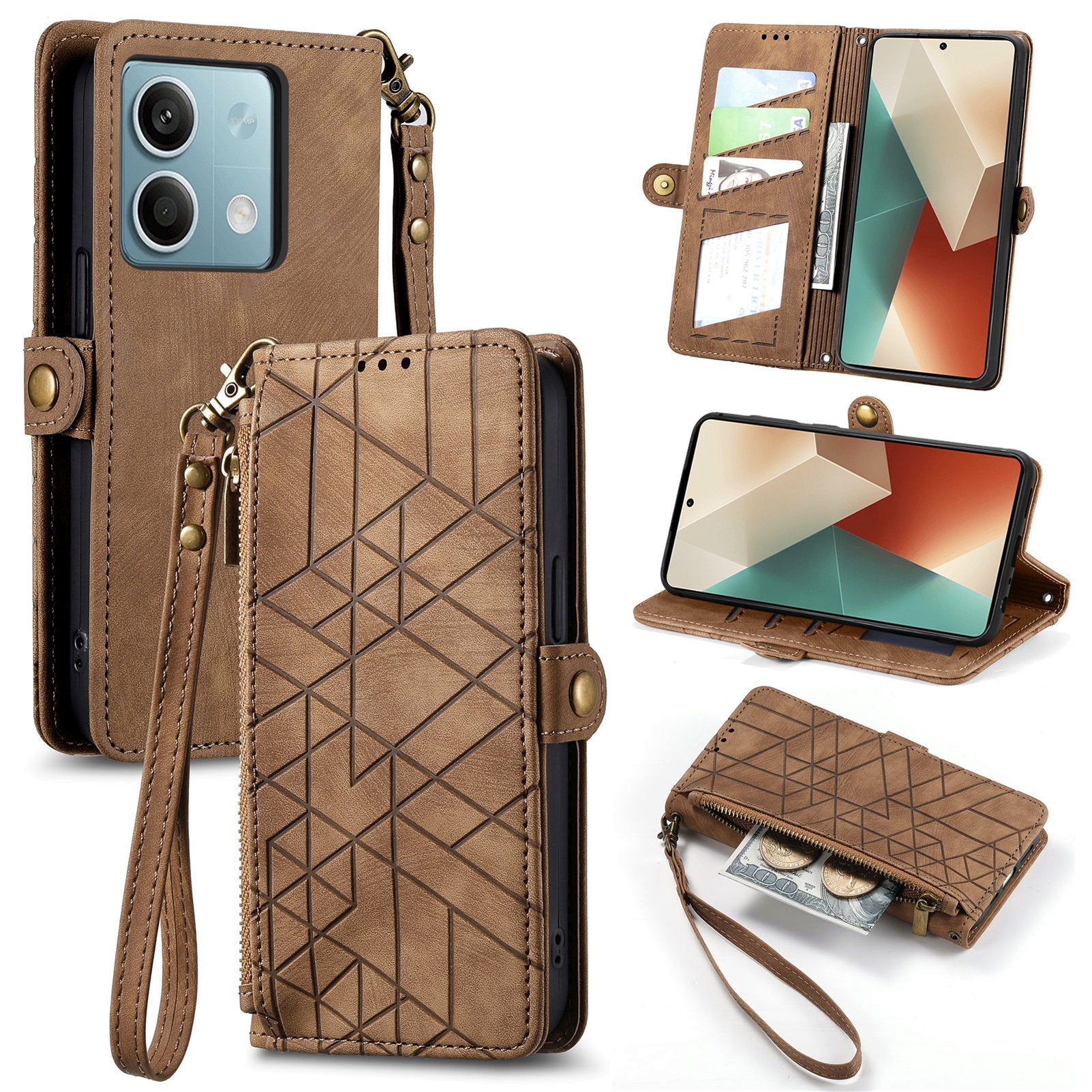 Wallet Case for Xiaomi Redmi Note 13 5G PU Leather Zipper Pocket Phone Cover Geometry Pattern - Brown