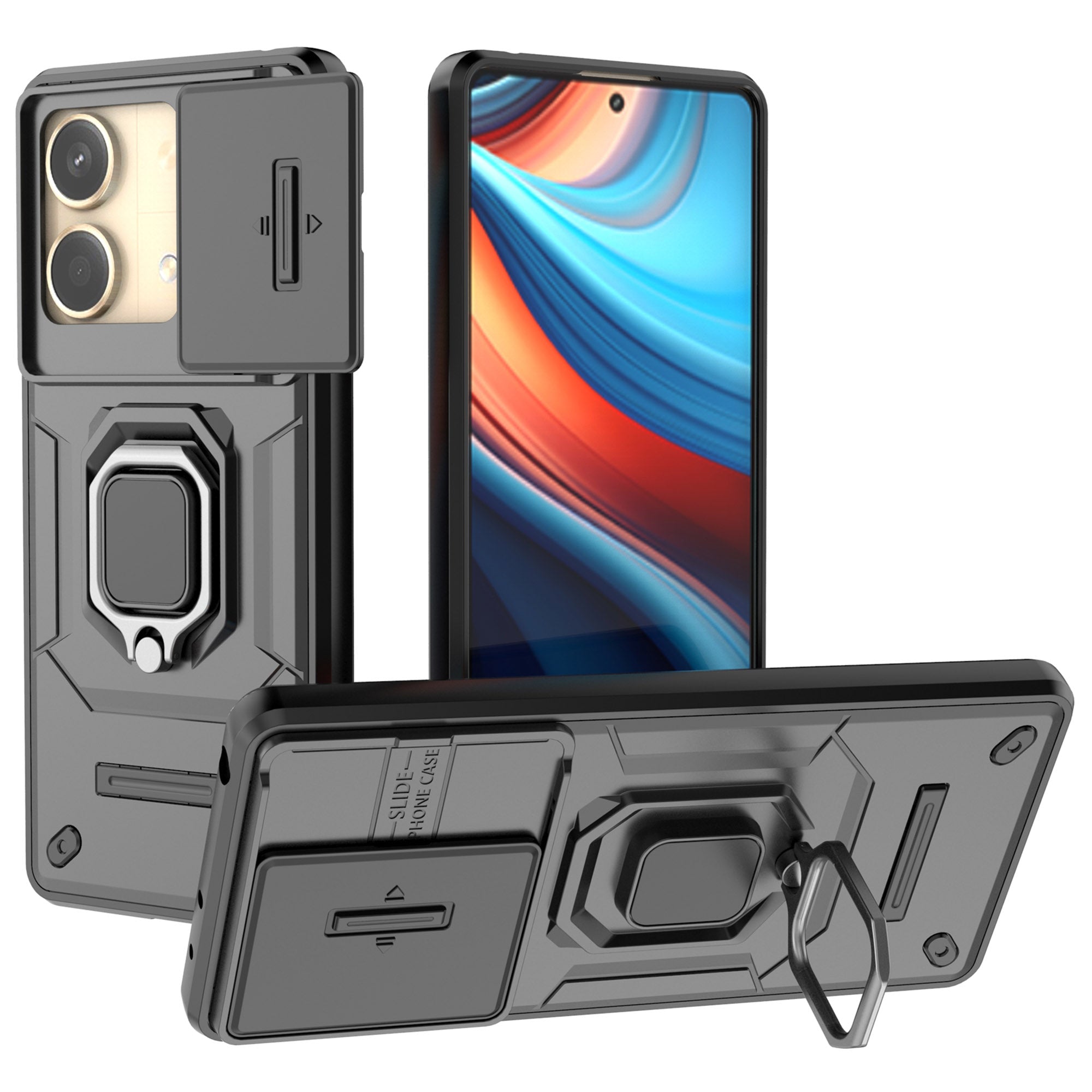 For Xiaomi Redmi Note 13R Pro 5G Case Slim-Fit Kickstand Cover with Slide Camera Lid - Black