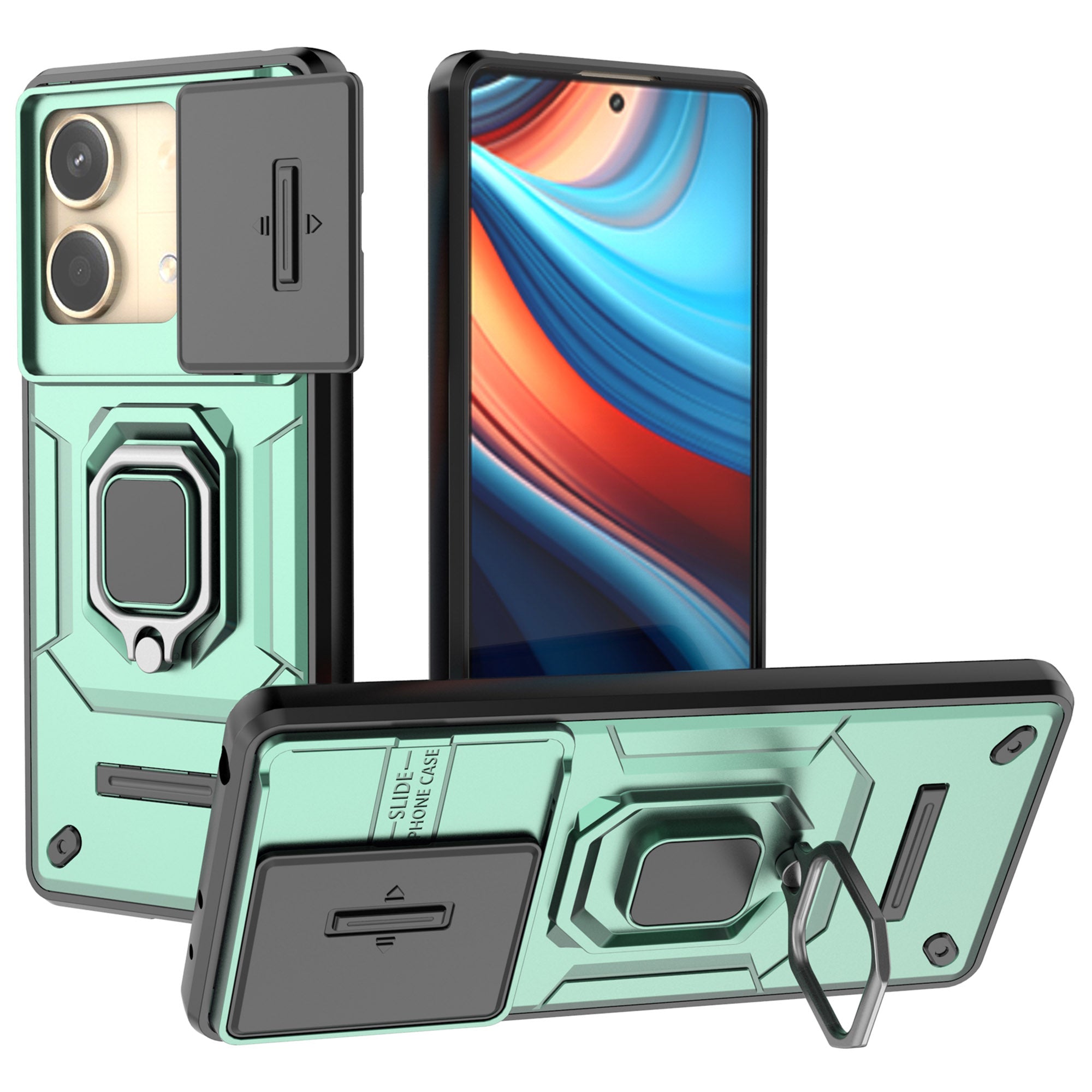 For Xiaomi Redmi Note 13R Pro 5G Case Slim-Fit Kickstand Cover with Slide Camera Lid - Green