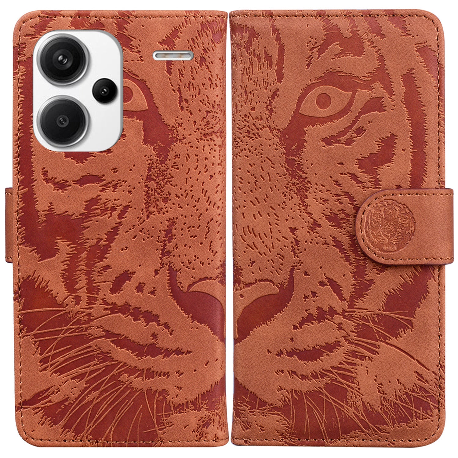 For Xiaomi Redmi Note 13 Pro+ 5G Wallet Case Tiger Pattern Leather Stand Feature Flip Phone Cover - Brown