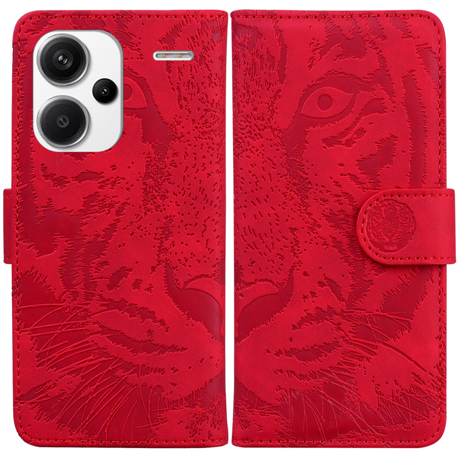 For Xiaomi Redmi Note 13 Pro+ 5G Wallet Case Tiger Pattern Leather Stand Feature Flip Phone Cover - Red