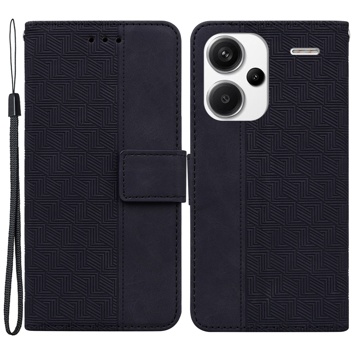 For Xiaomi Redmi Note 13 Pro+ 5G Wallet Case Geometry Pattern PU Leather Phone Cover - Black