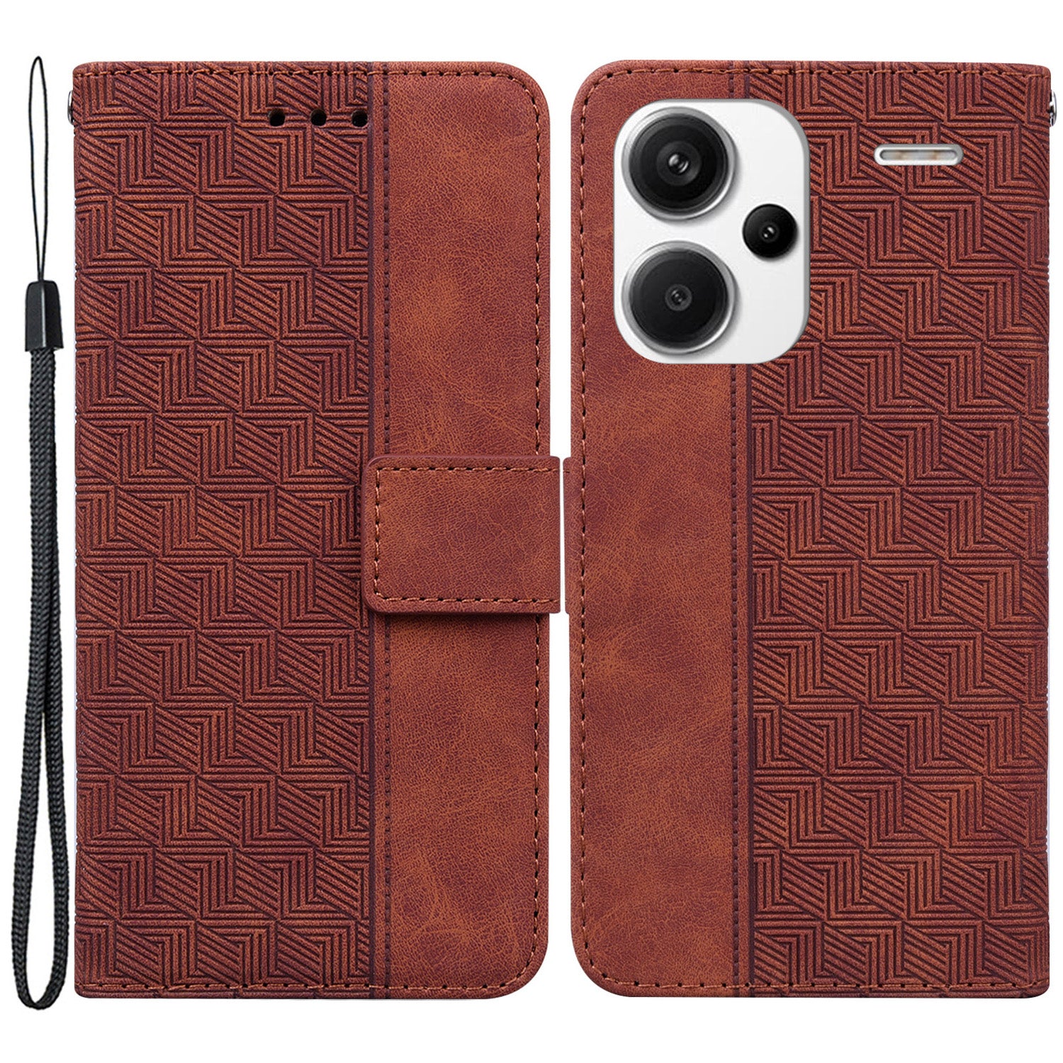 For Xiaomi Redmi Note 13 Pro+ 5G Wallet Case Geometry Pattern PU Leather Phone Cover - Brown