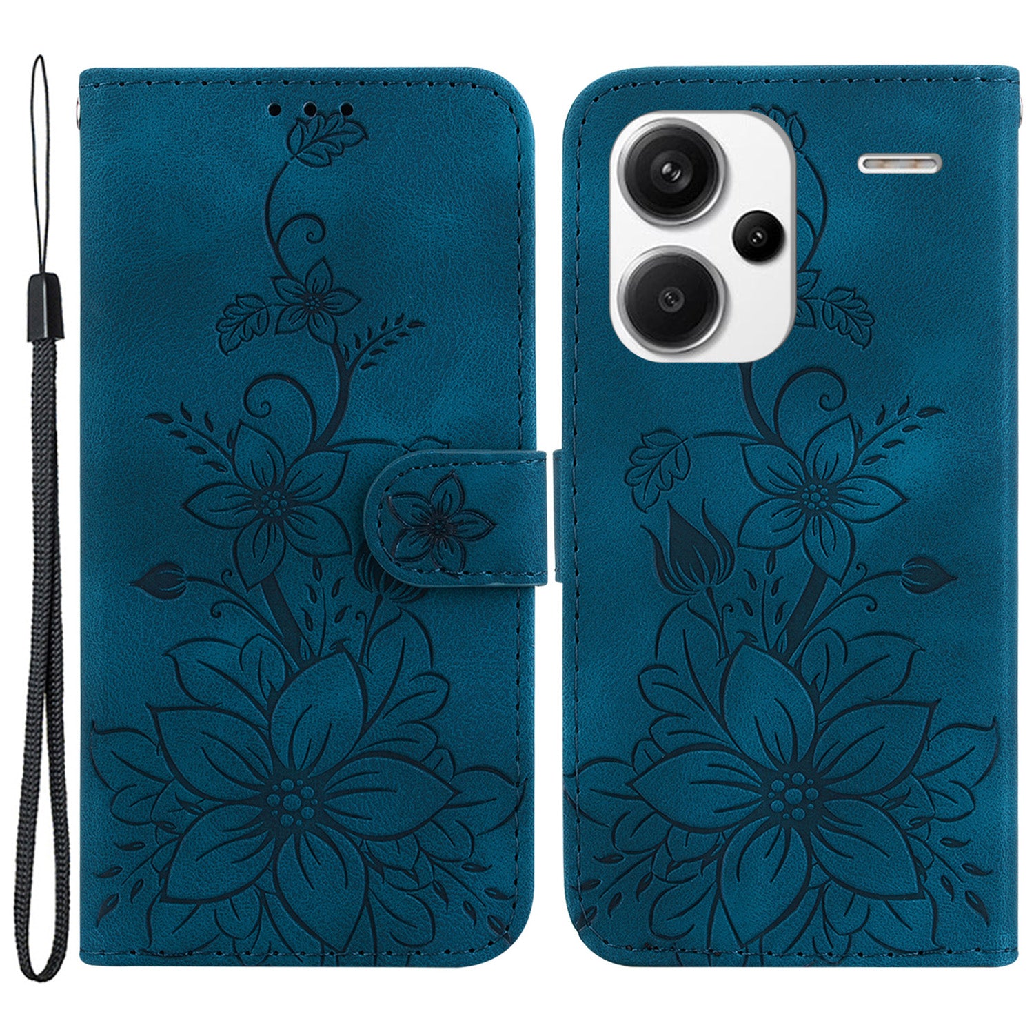 For Xiaomi Redmi Note 13 Pro+ 5G Wallet Case Flower Magnetic Leather Folio Phone Cover - Dark Blue